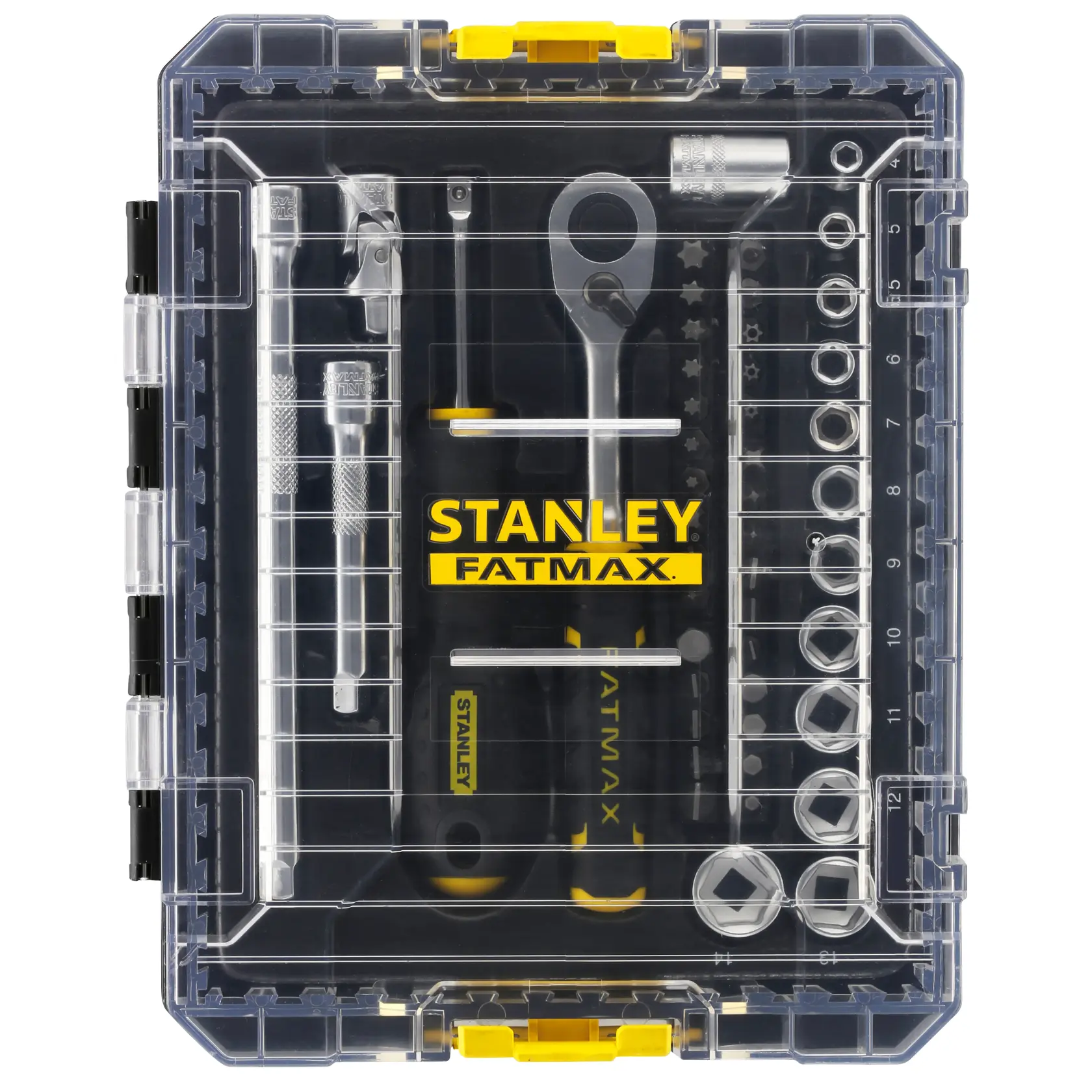 Set di bussole e cricchetto STANLEY FMMT98101-0 in custodia di plastica trasparente, vista dall’alto, dettagli gialli e neri.