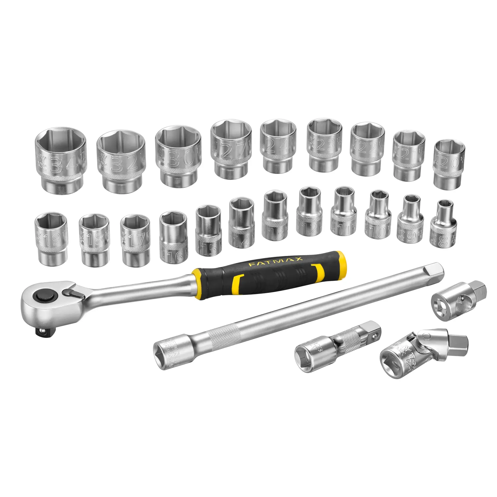 STANLEY FMMT98103-1 set di chiavi a bussola con cricchetto, barre di prolunga, adattatori e varie bussole, foto in piano su sfondo bianco.