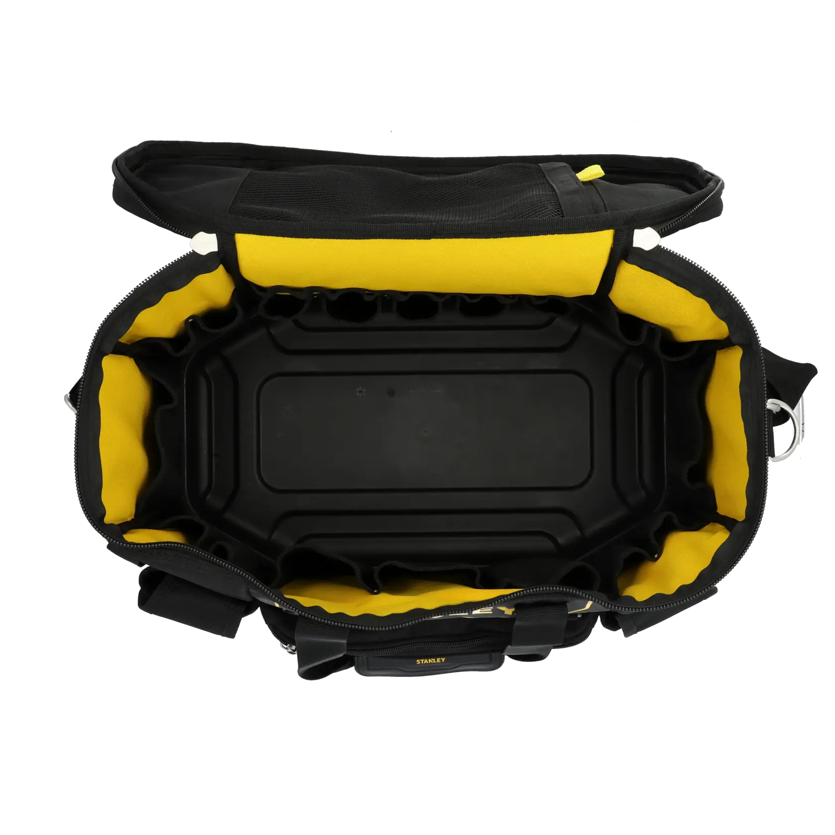 STANLEY FMST1-70749 fotografia di borsa porta attrezzi aperta, interno nero e giallo con tasche.