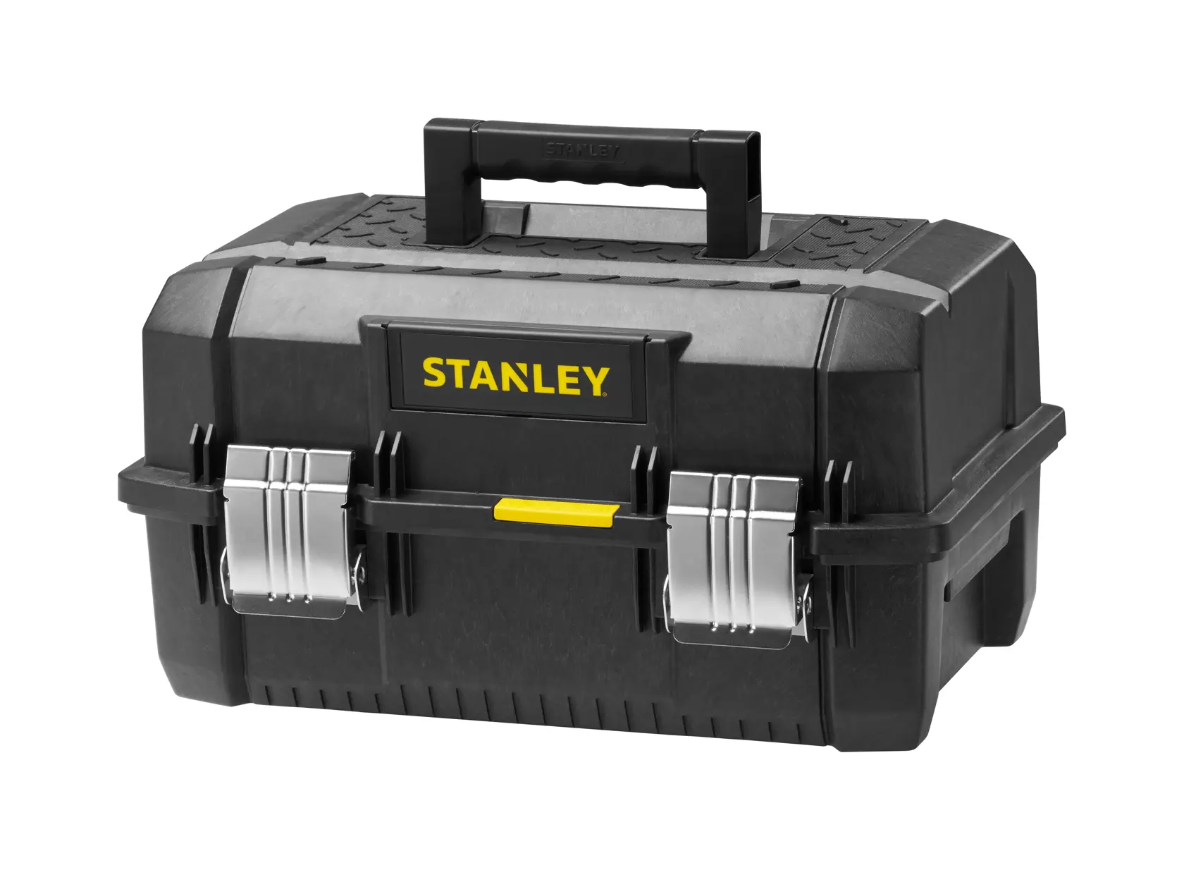 STANLEY FMST1-71219 cassetta degli attrezzi in plastica nera con chiusure in metallo, vista frontale su sfondo bianco.
