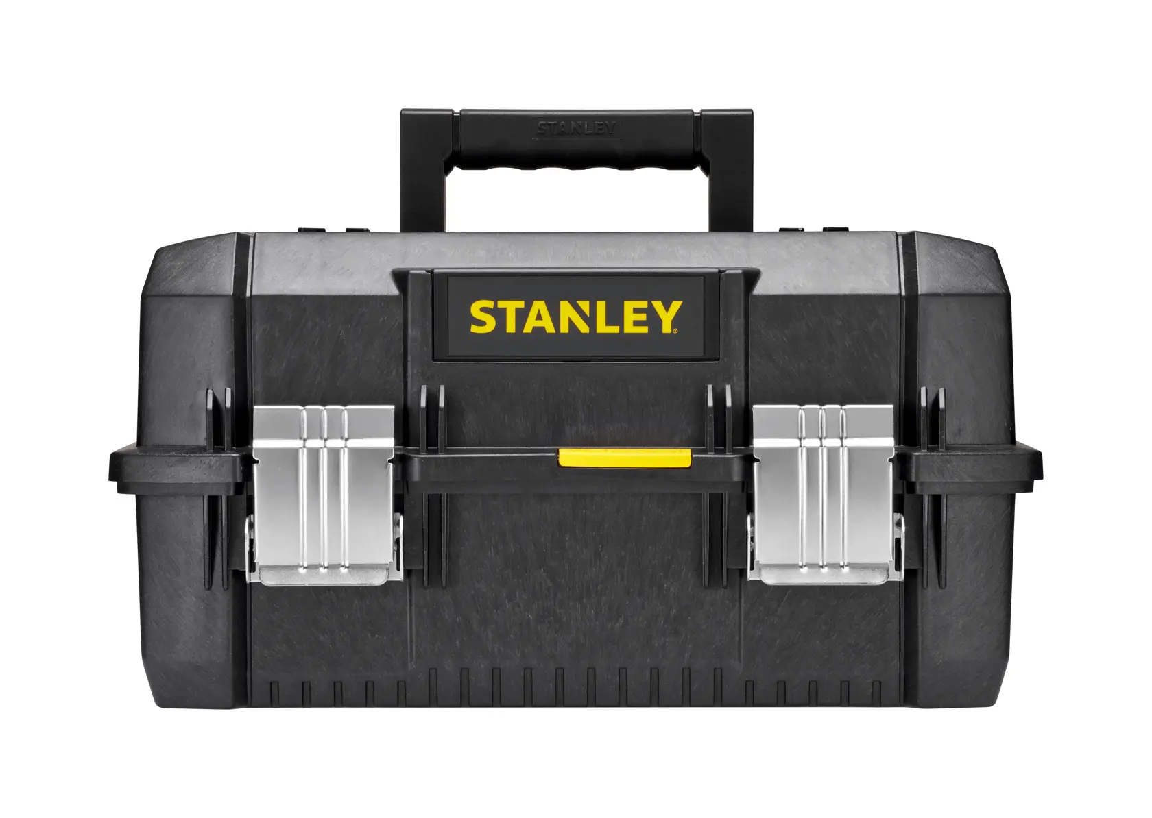 Cassetta degli attrezzi nera STANLEY FATMAX FMST1-71219 con chiusure in metallo, vista frontale su sfondo bianco.