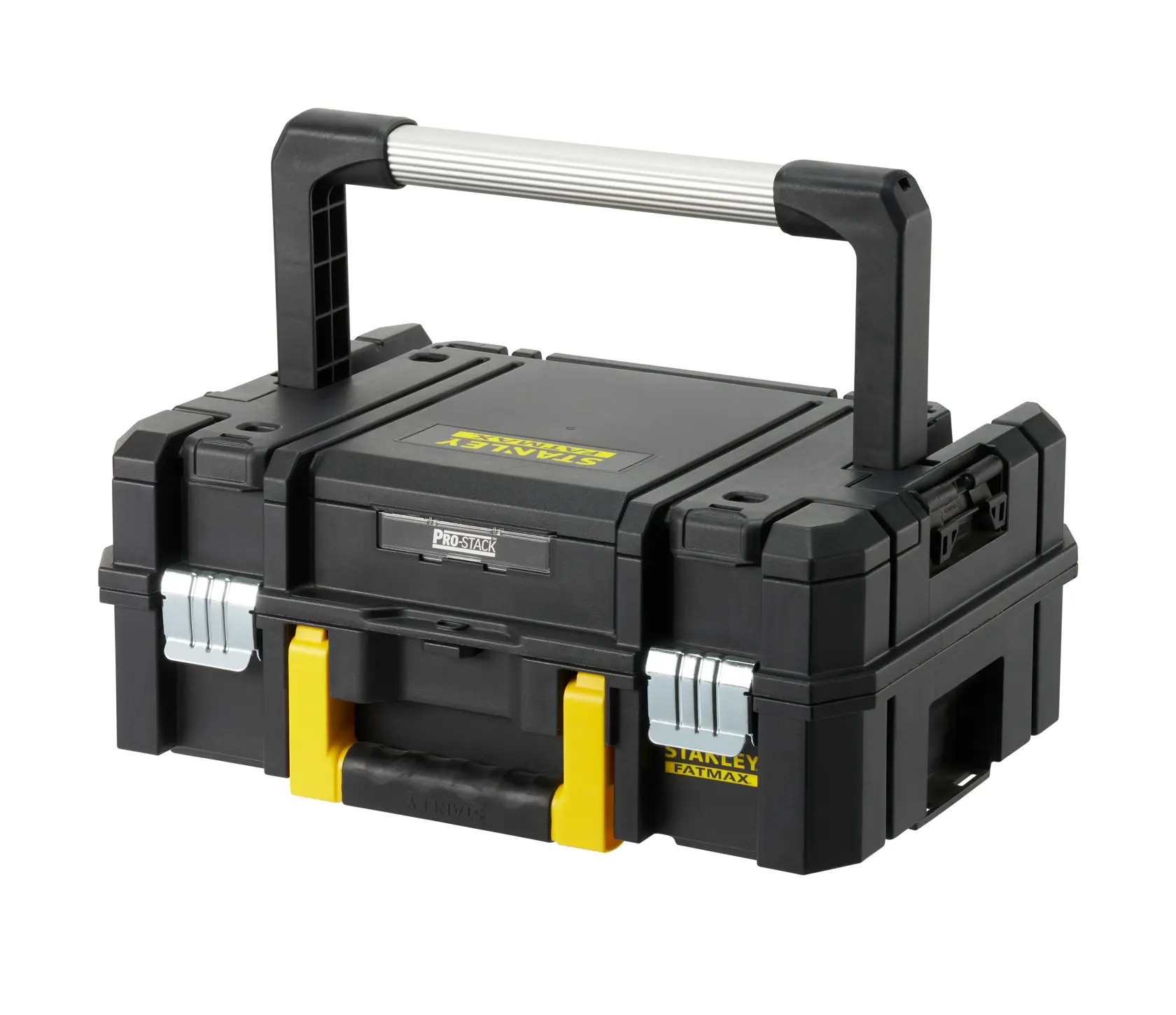 STANLEY FMST1-71967 cassetta degli attrezzi con grande manico superiore, nera con inserti gialli, angolazione frontale, sfondo bianco.