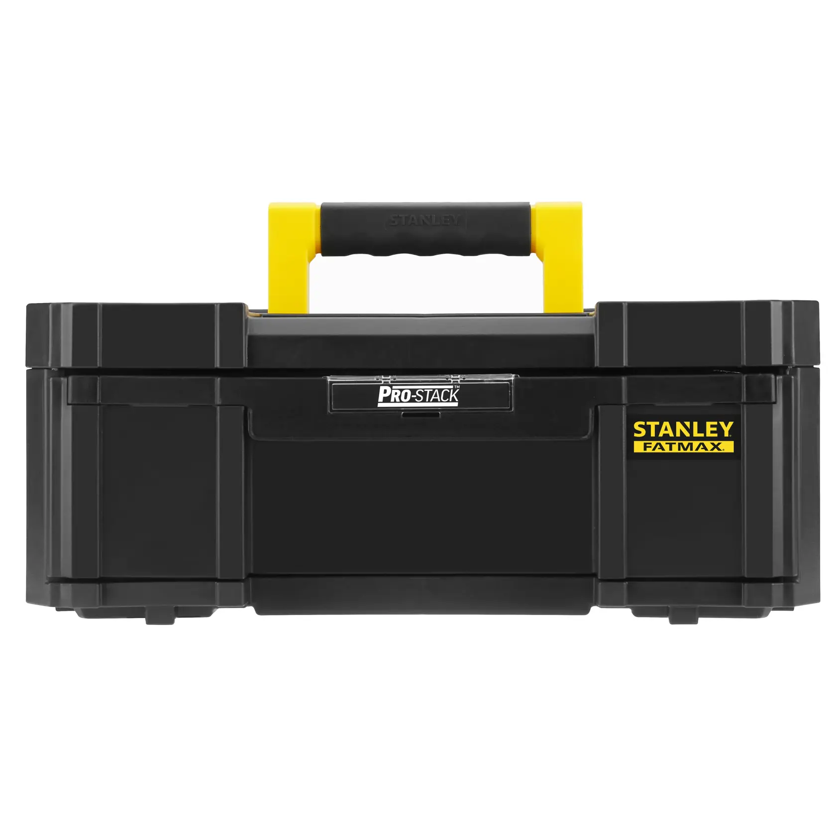 STANLEY FMST1-71968 cassetta degli attrezzi nera con manico giallo, vista frontale, serie Pro-Stack Fatmax.