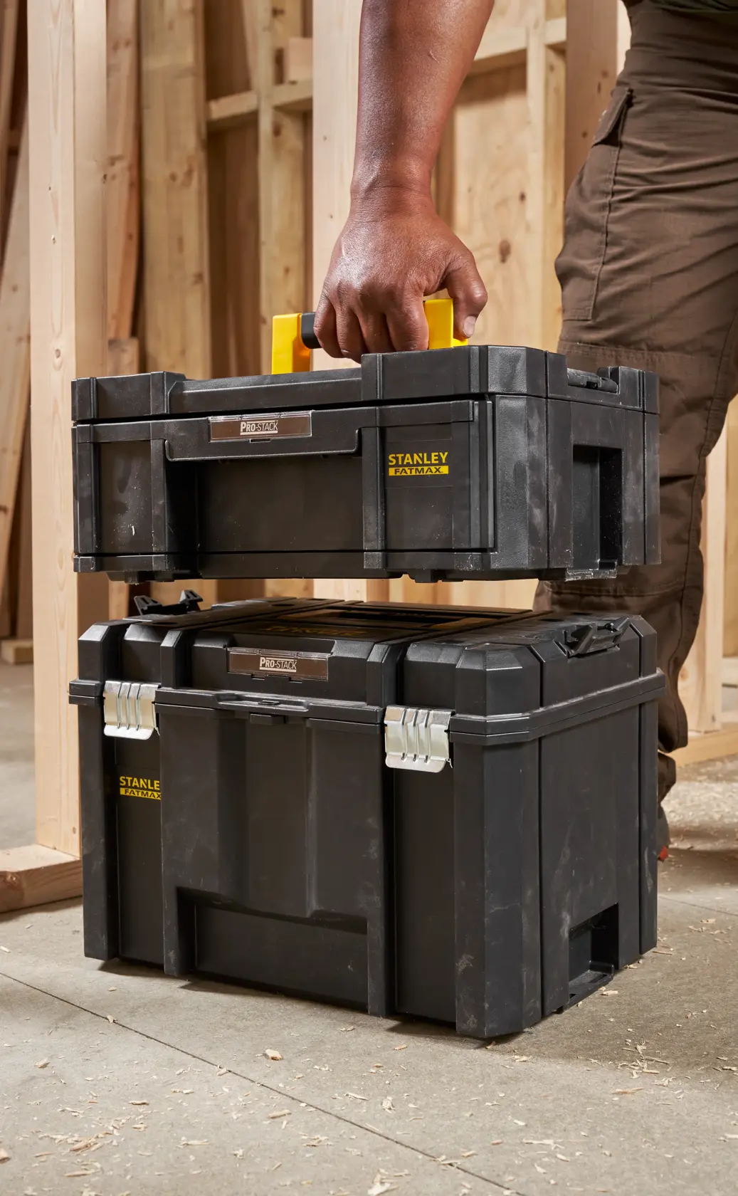 STANLEY FMST1-71968 set di cassette degli attrezzi impilabili nere con manico giallo, fotografato in un cantiere.