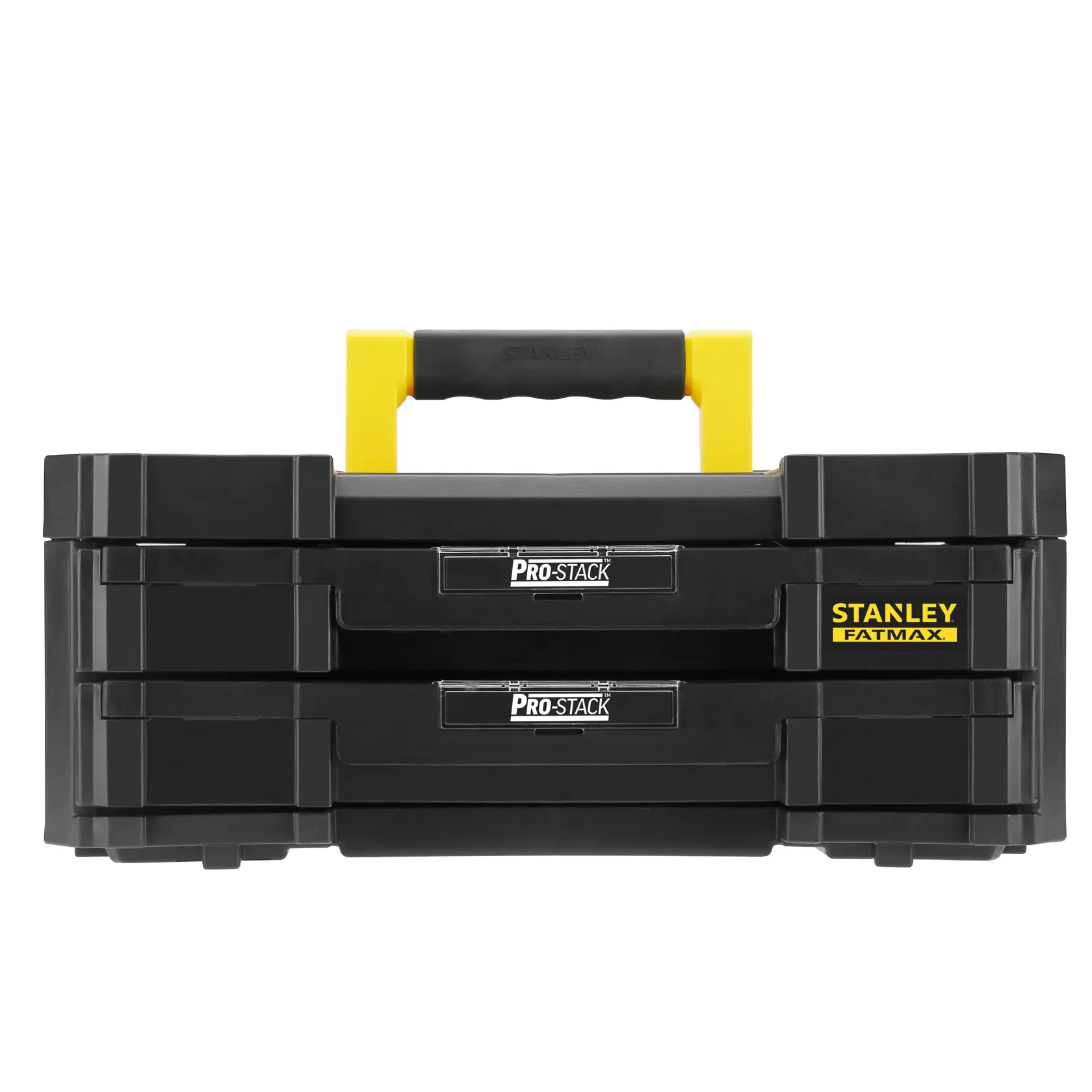 STANLEY FMST1-71969 cassetta Pro-Stack nera con due cassetti e manico giallo, vista frontale.
