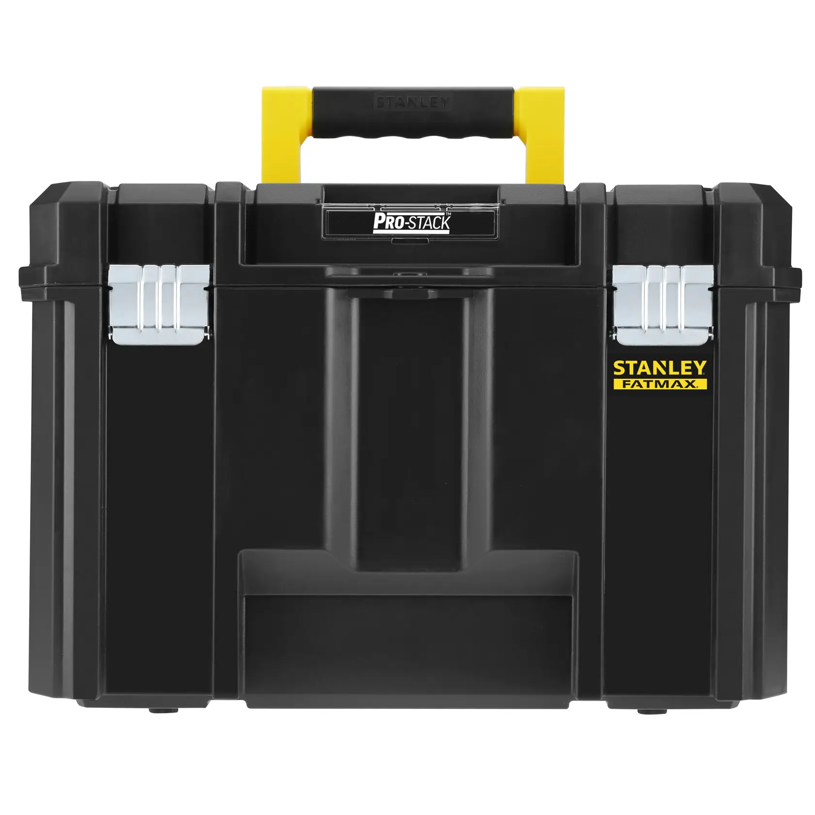 STANLEY FMST1-71971 cassetta portautensili Pro-Stack nera con manico giallo, vista frontale, sfondo bianco.