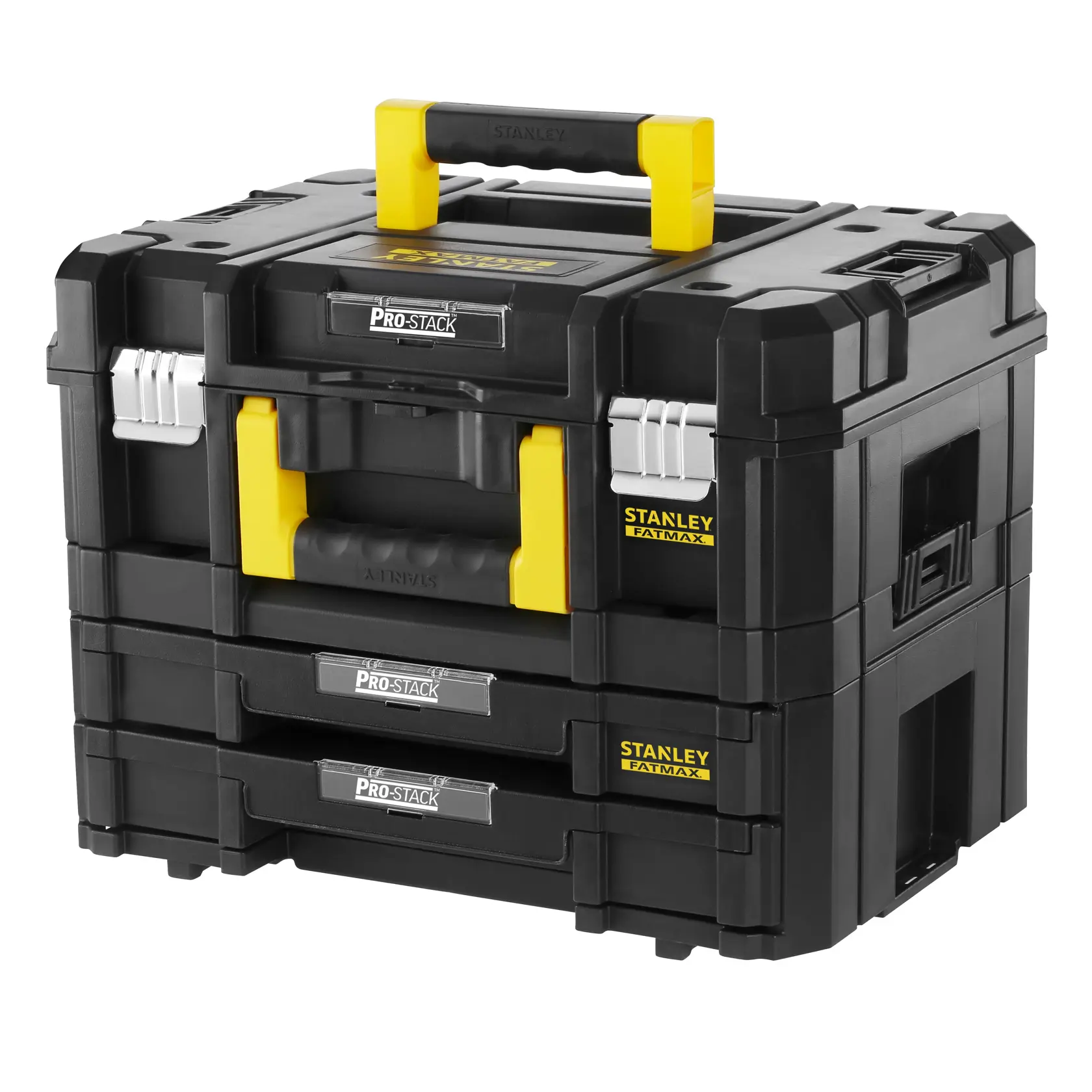 STANLEY FMST1-71981 cassetta degli attrezzi impilabile nera con manico giallo e cassetti, foto frontale.