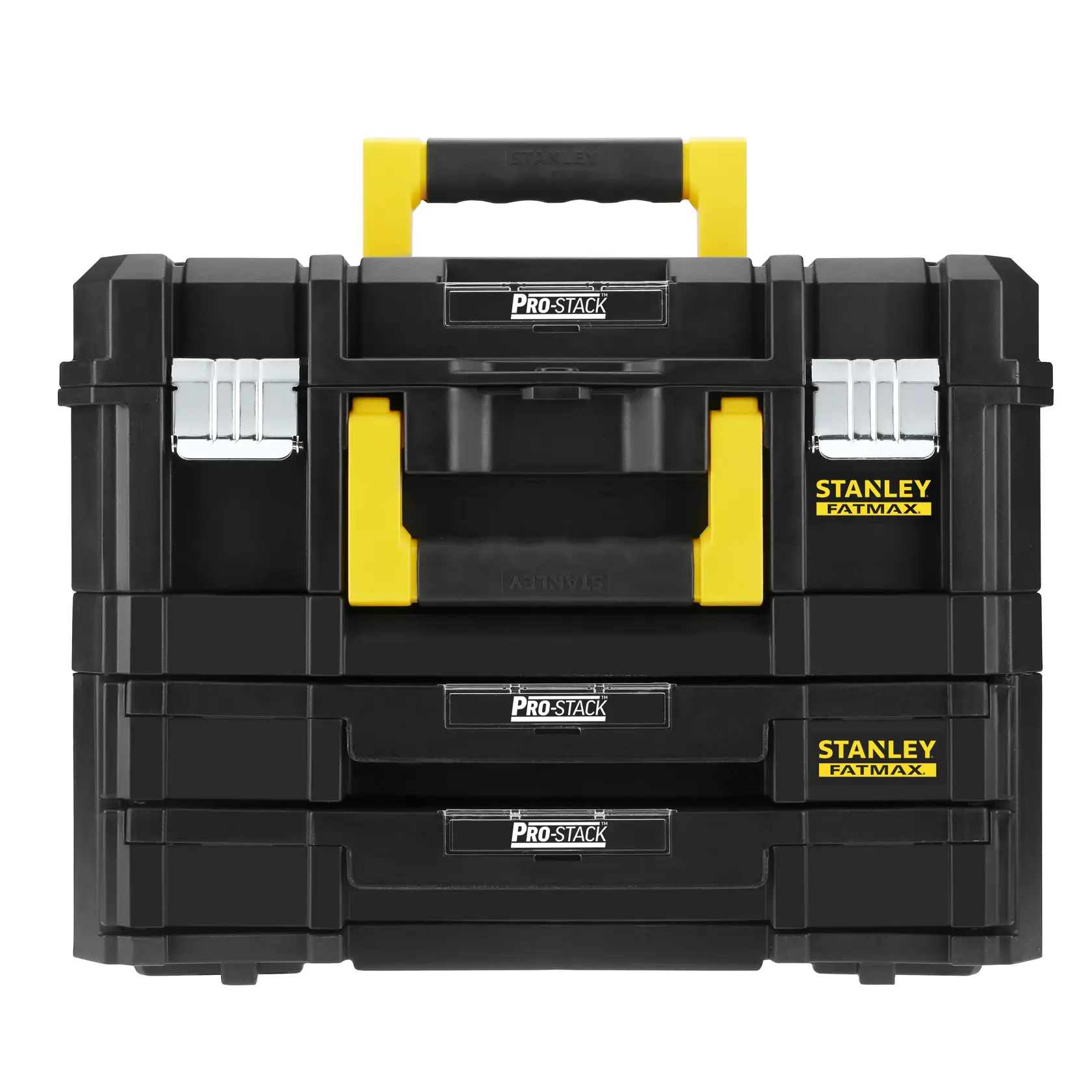 STANLEY FMST1-71981 cassetta degli attrezzi PRO-STACK FATMAX nera e gialla con due cassetti, vista frontale.