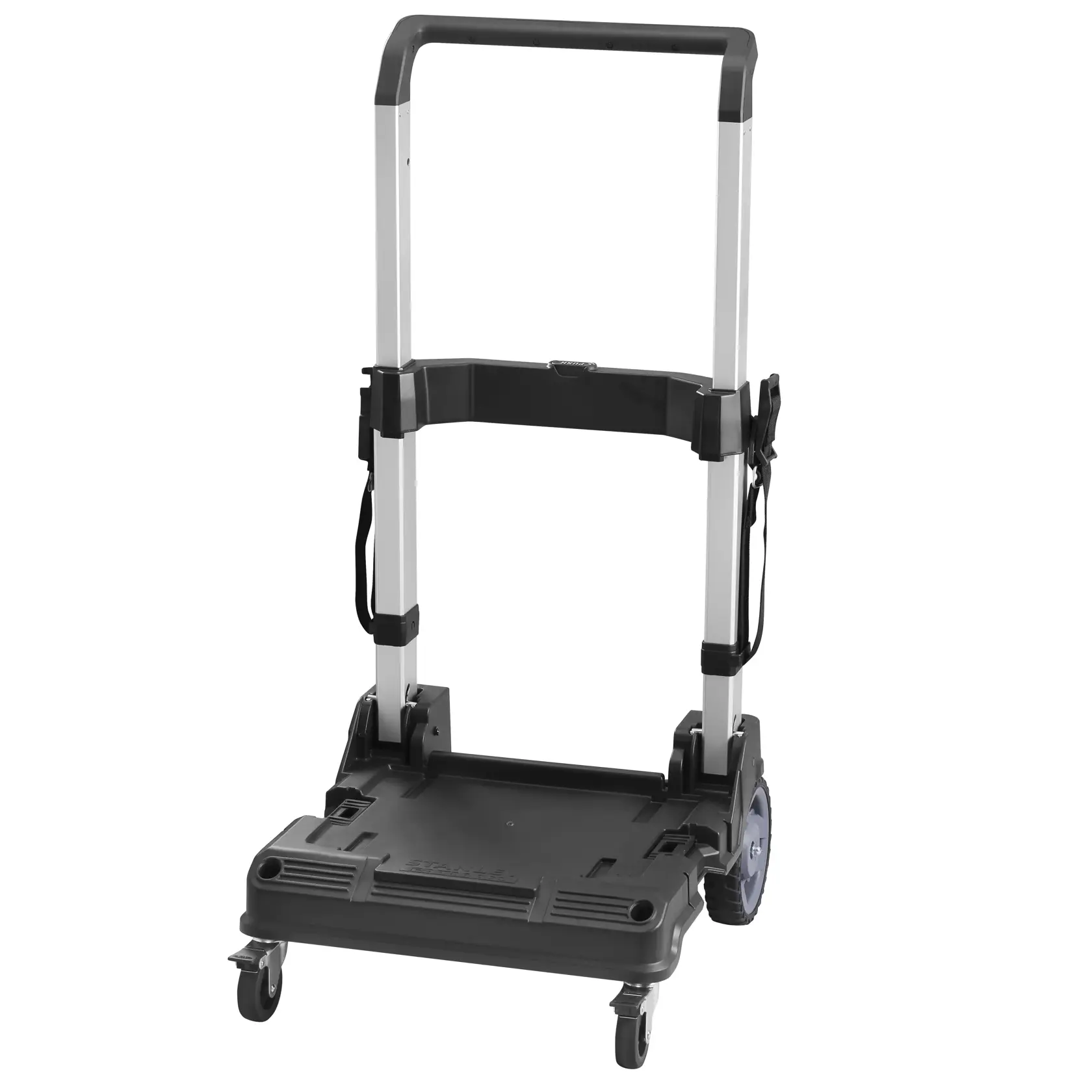 Foto del carrello pieghevole STANLEY FMST1-72363 con struttura nera e argento, su sfondo bianco.