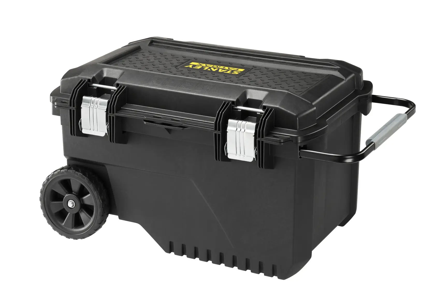 STANLEY FMST1-73601 cassetta porta attrezzi con ruote, corpo nero, chiusure argento, manico, foto laterale.