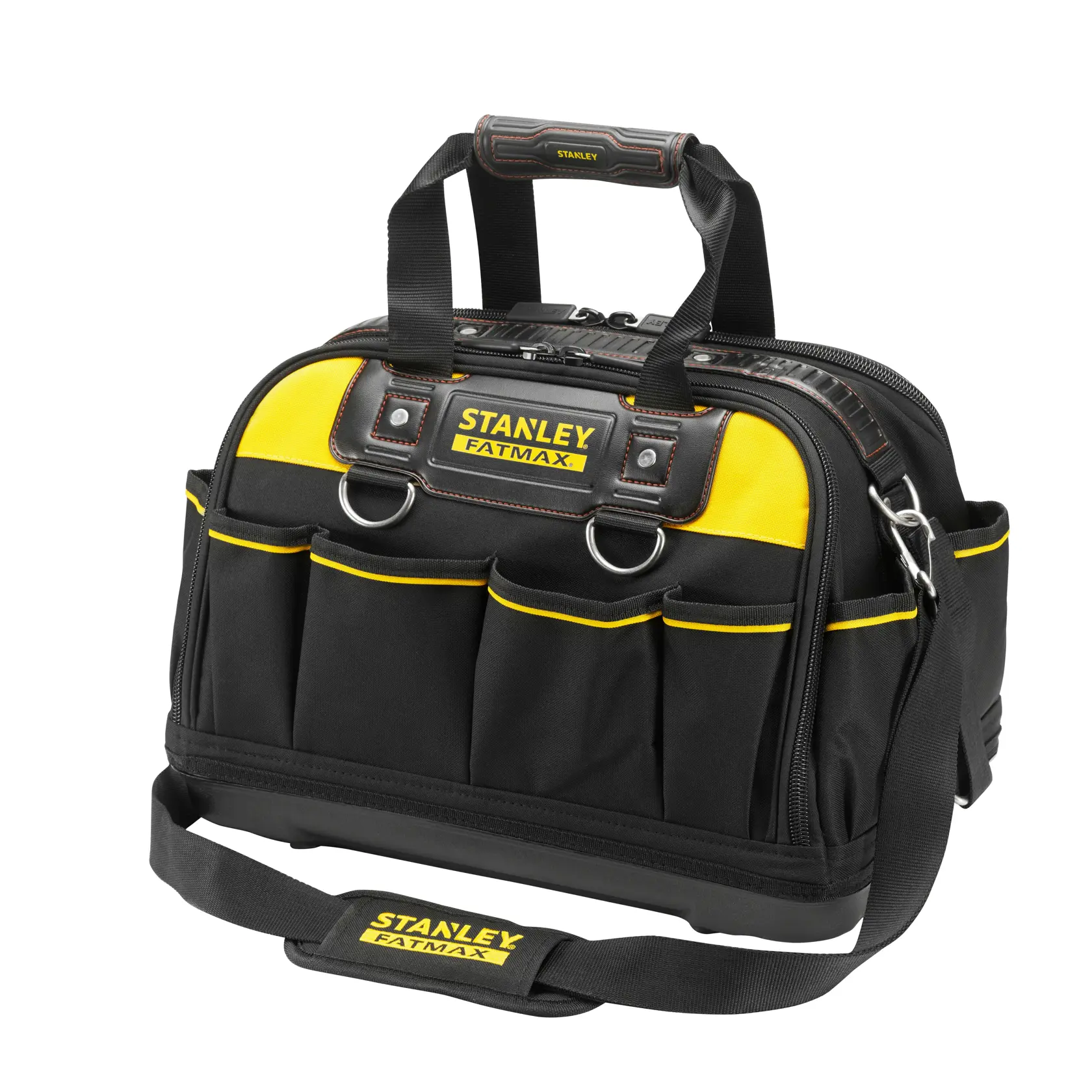Borsa portautensili STANLEY FMST1-73607, nera e gialla, con tracolla e tasche esterne multiple, vista frontale.