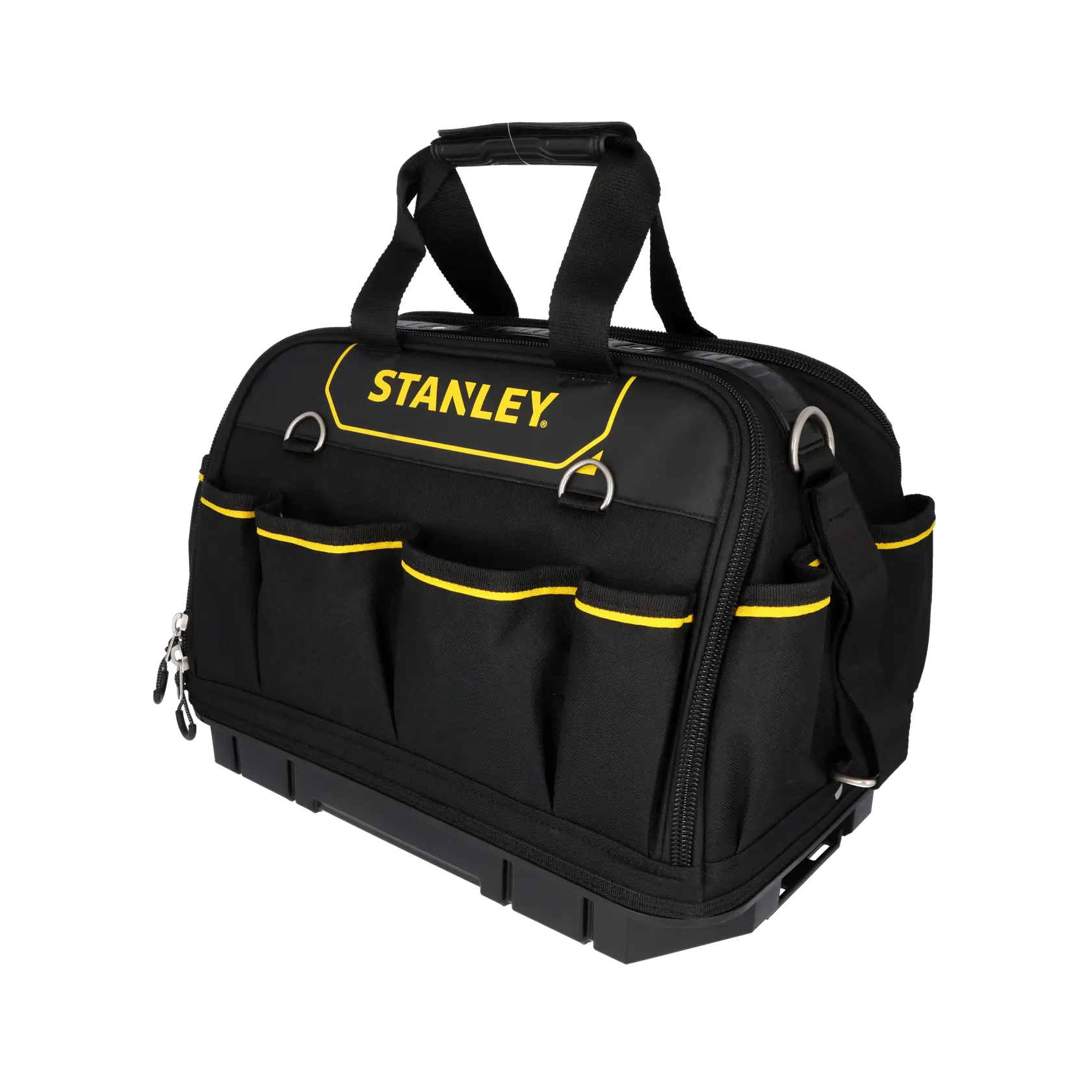 Borsa porta attrezzi STANLEY FMST1-73607, tessuto nero e giallo, vista frontale, tasche esterne, tracolla.