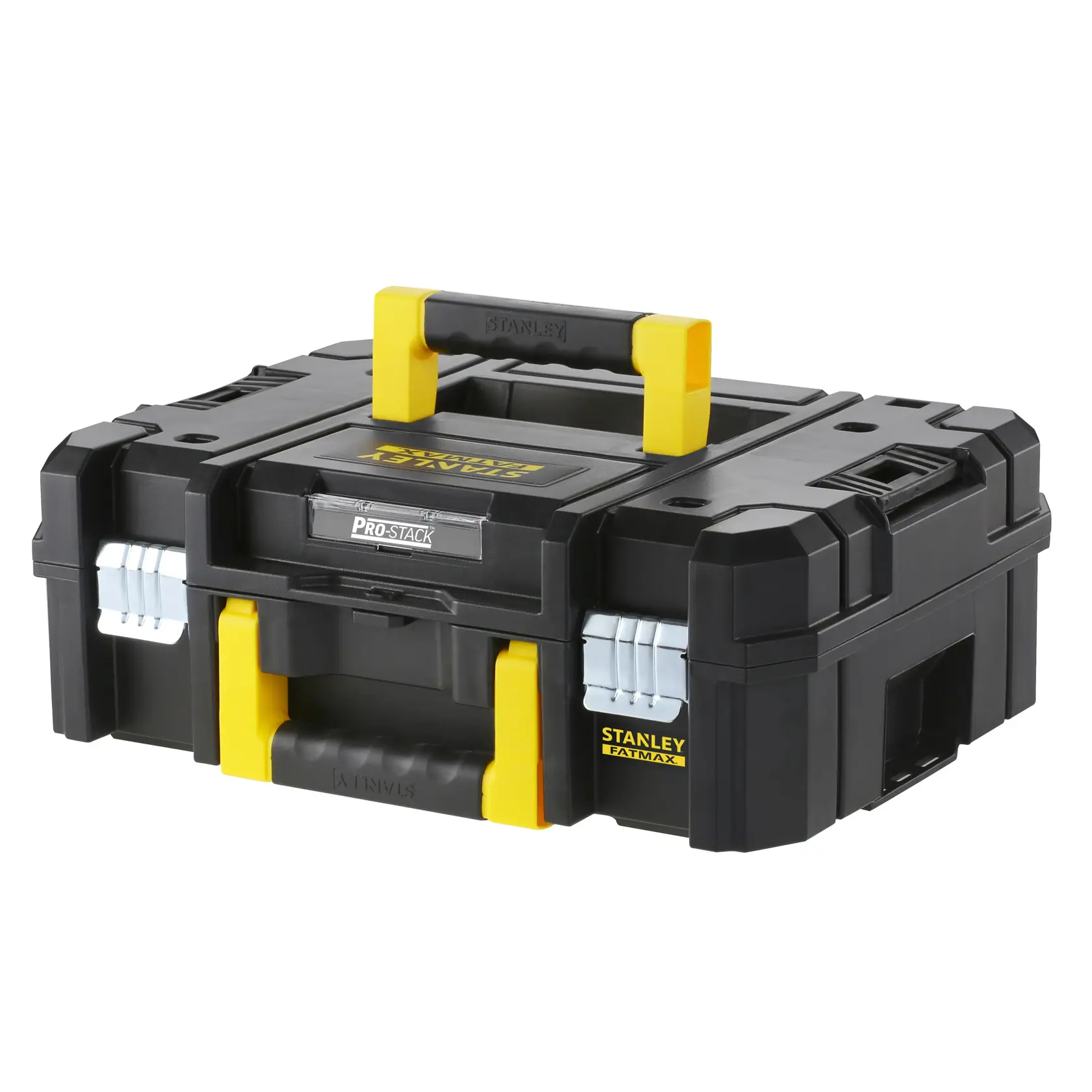 STANLEY FMST1-75502 cassetta Pro-Stack nera e gialla, prospettiva frontale, struttura in plastica resistente.