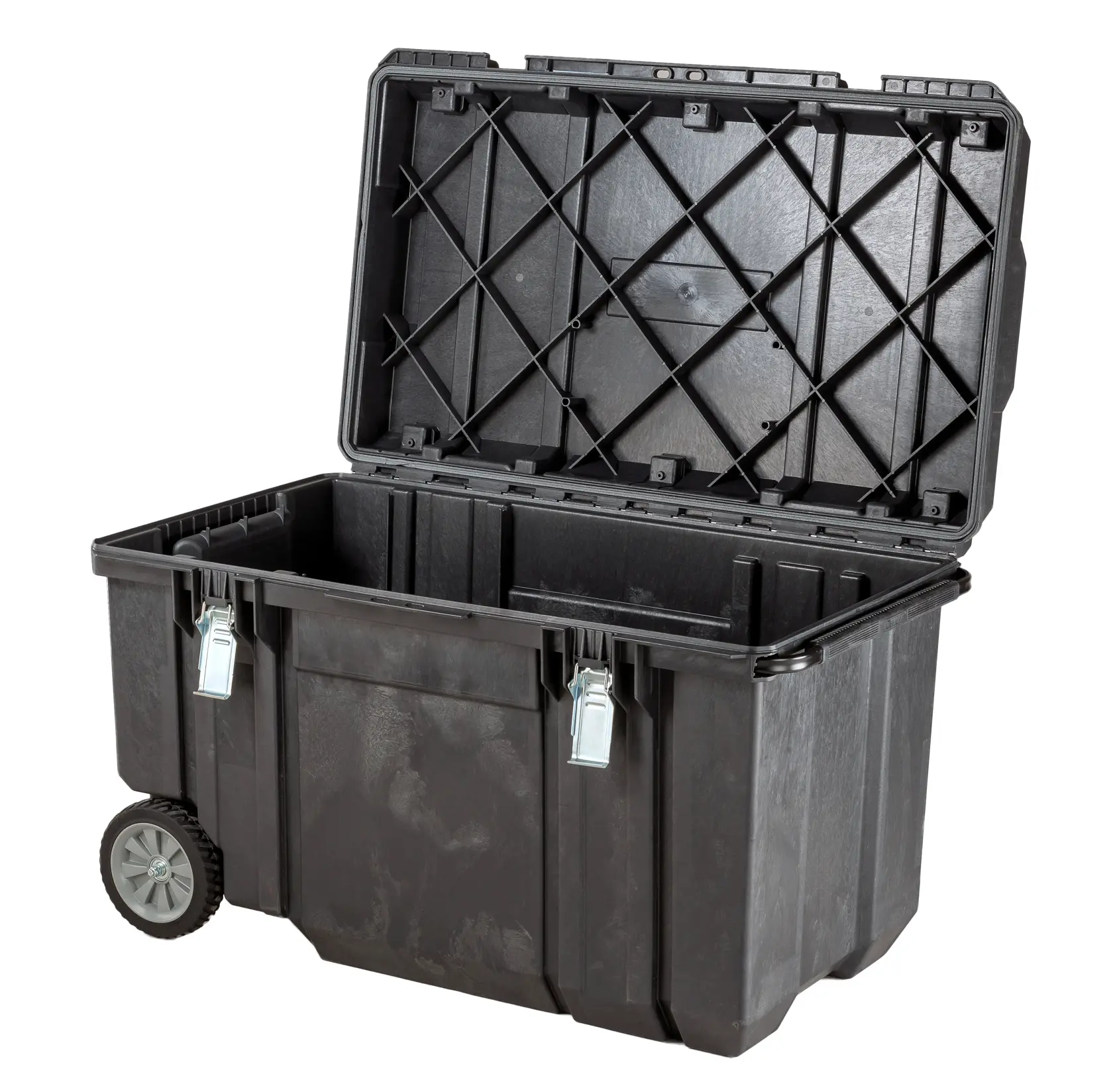Baule porta attrezzi nero con ruote STANLEY FMST1-75531 con coperchio aperto e chiusure metalliche, vista frontale.