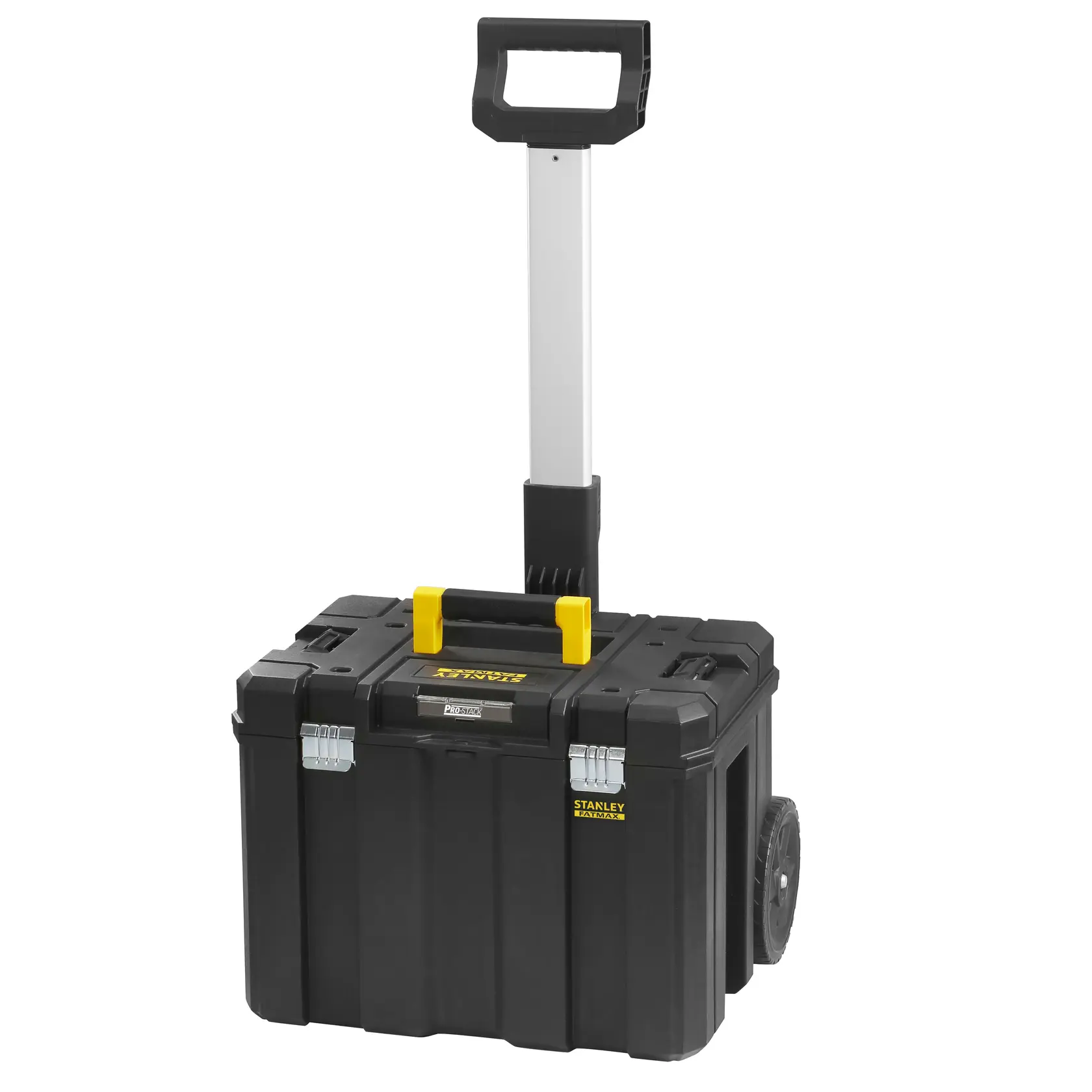 Cassetta portautensili nera su ruote STANLEY FMST1-75753 con manico giallo e maniglia telescopica, vista frontale, sfondo bianco.