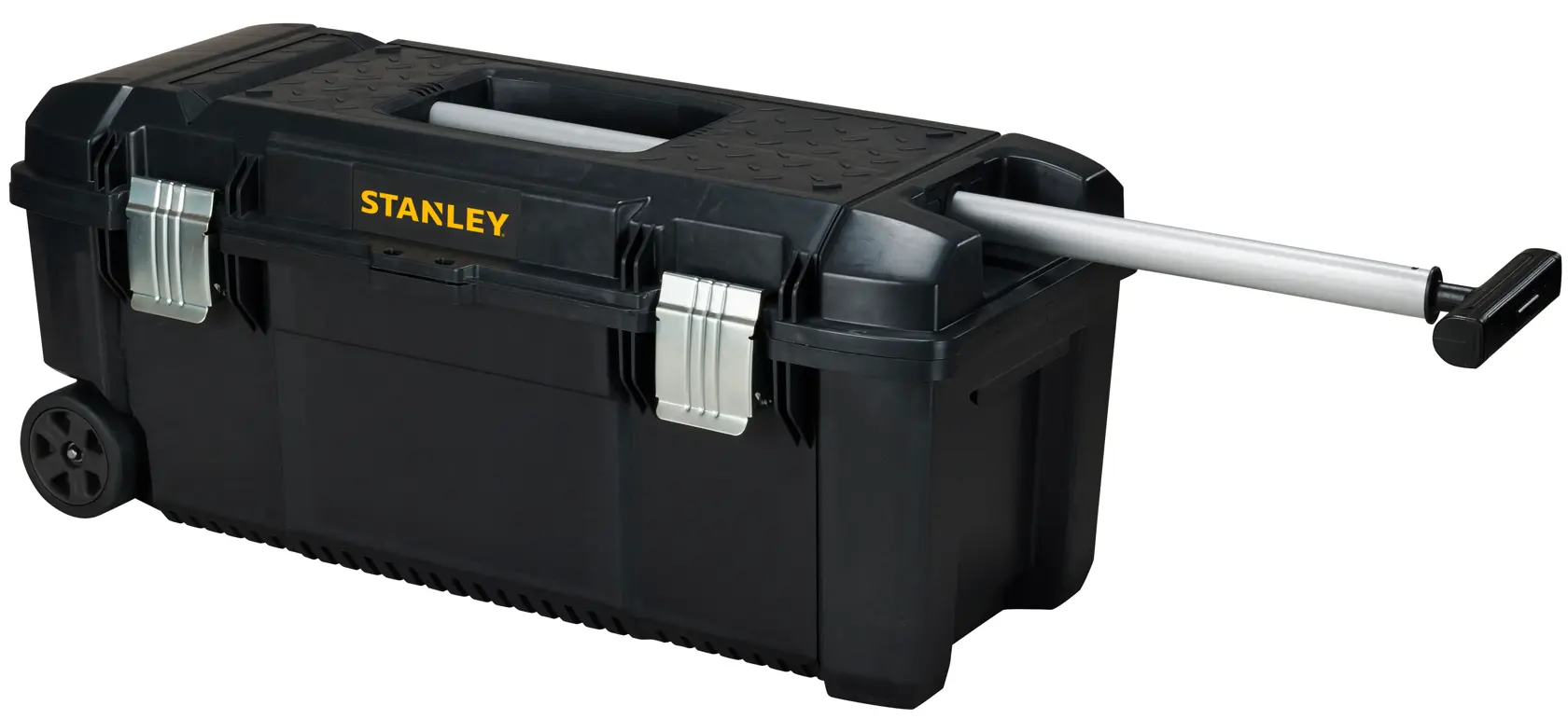 STANLEY FMST1-75761 cassetta degli attrezzi nera con ruote, chiusure in metallo e maniglia telescopica estesa, vista frontale su sfondo bianco.