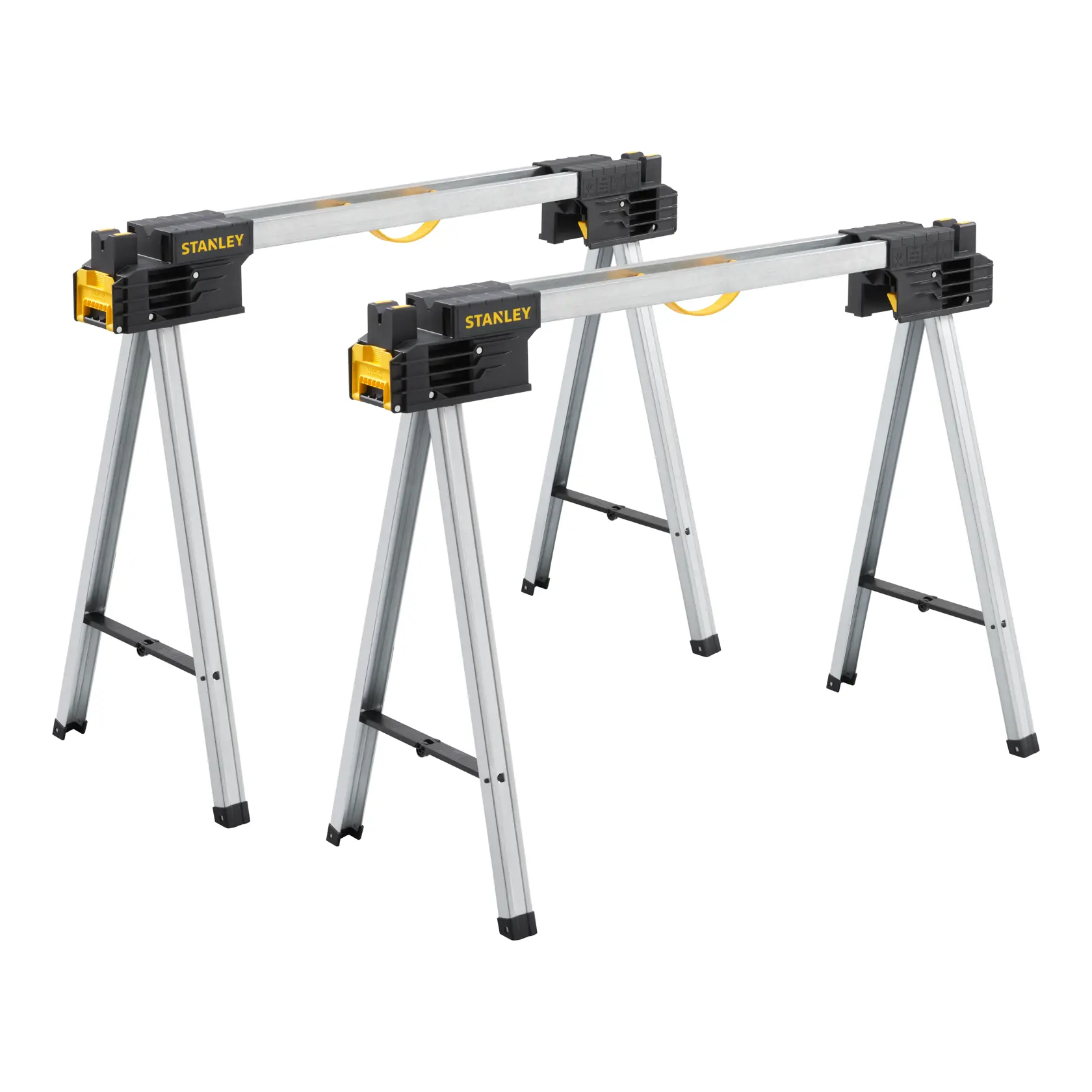 STANLEY FMST1-75763 cavalletti pieghevoli in metallo, argento e nero, vista frontale su sfondo bianco.