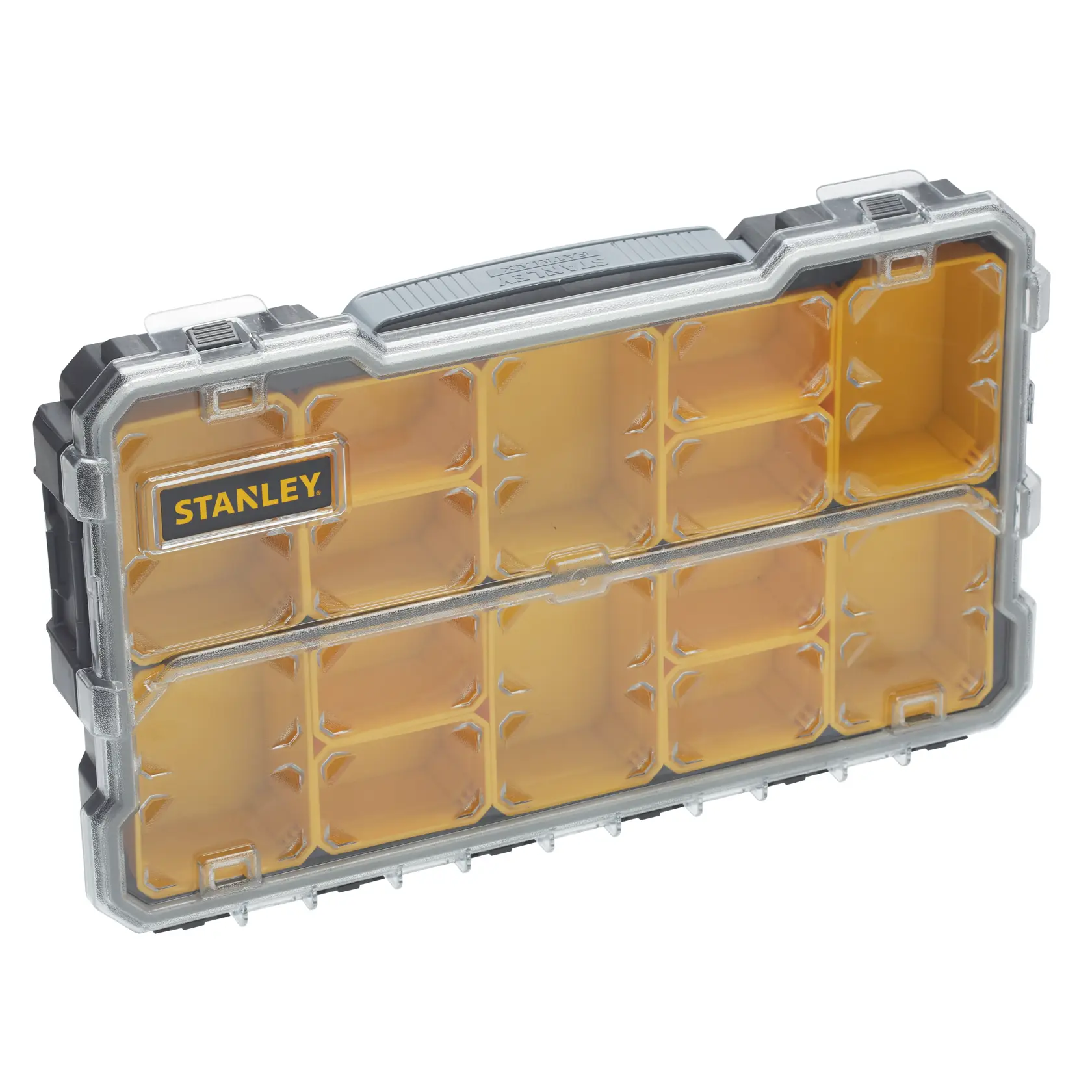 STANLEY FMST1-75779 organizer con scomparti gialli in custodia di plastica trasparente, vista frontale angolata.