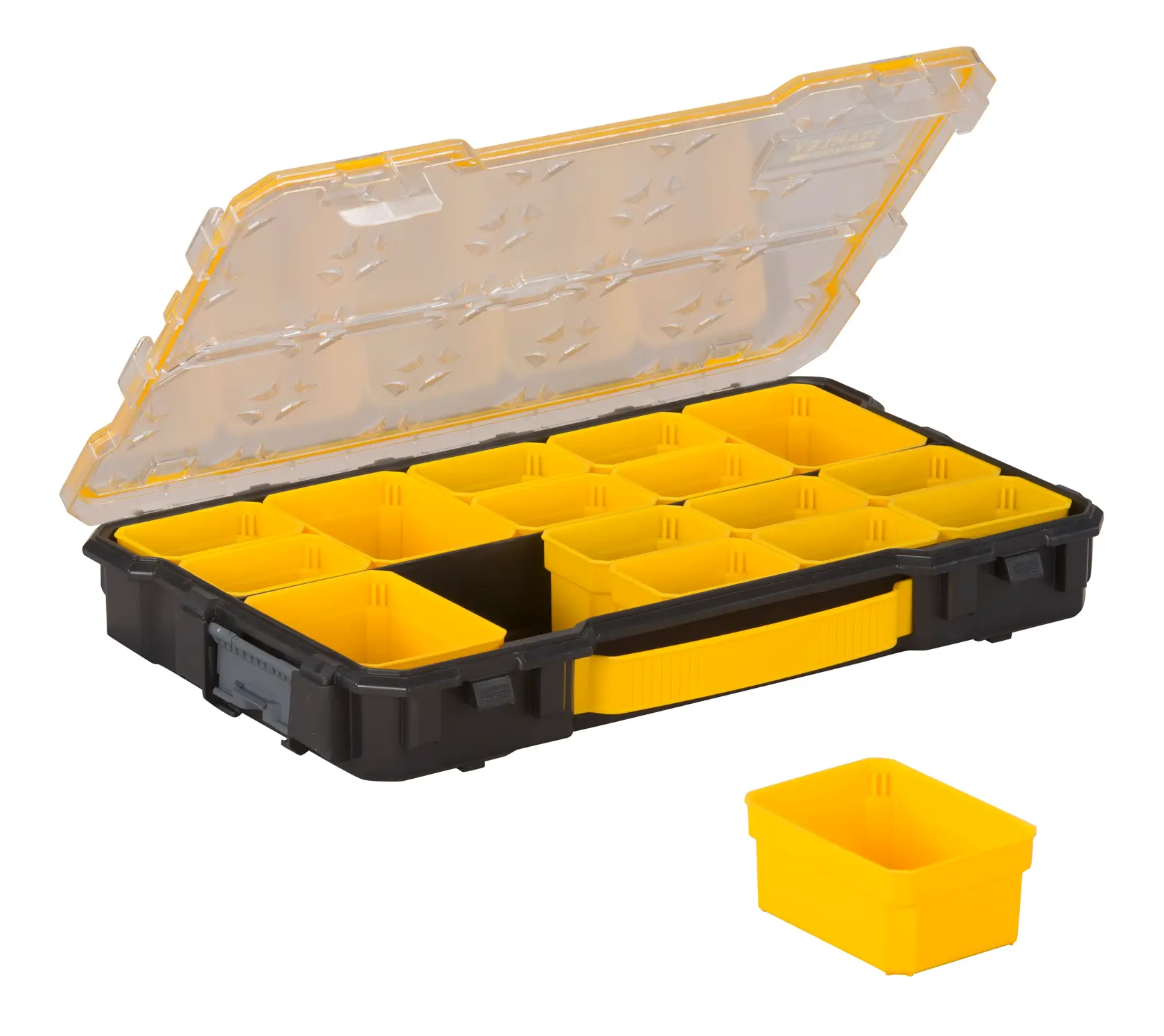 STANLEY FMST1-75779 organizer con coperchio trasparente, base nera e scomparti gialli rimovibili, vista frontale.