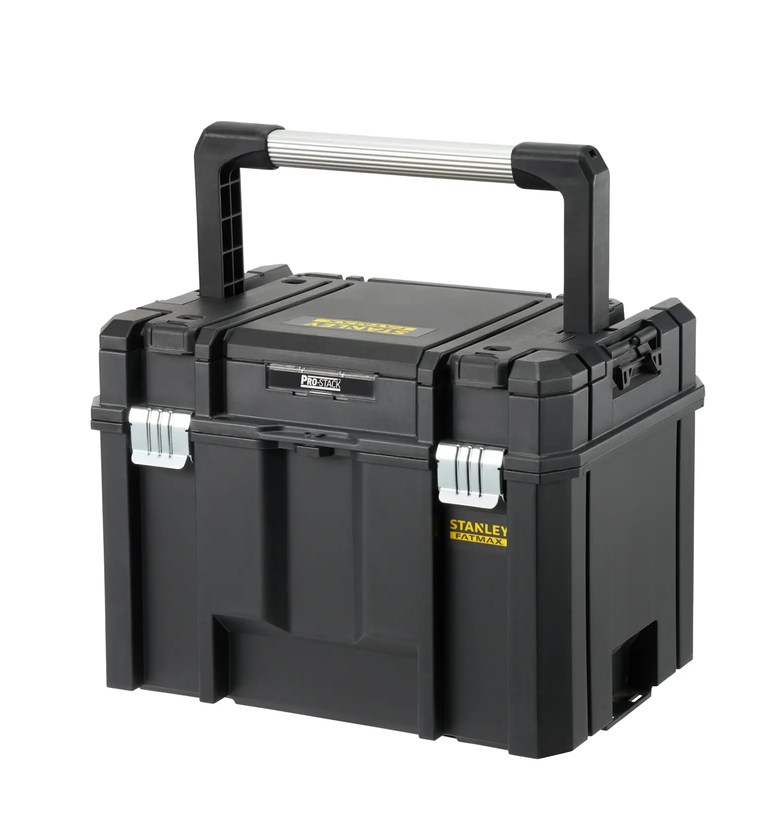 STANLEY FMST1-75796 cassetta degli attrezzi nera, vista angolata anteriore, maniglione e chiusure metalliche sicure.