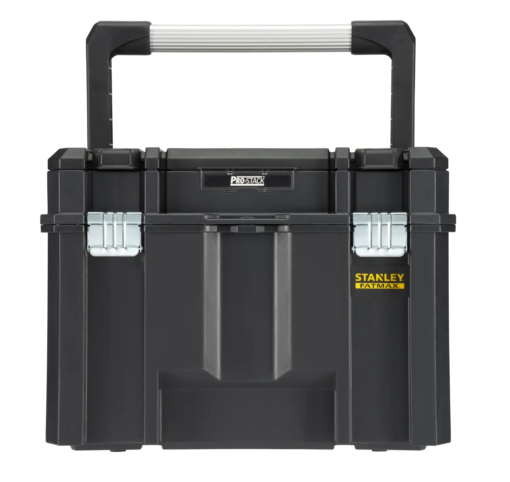 STANLEY FMST1-75796 cassetta degli attrezzi nera con chiusure in metallo e grande manico, vista frontale, sfondo bianco.