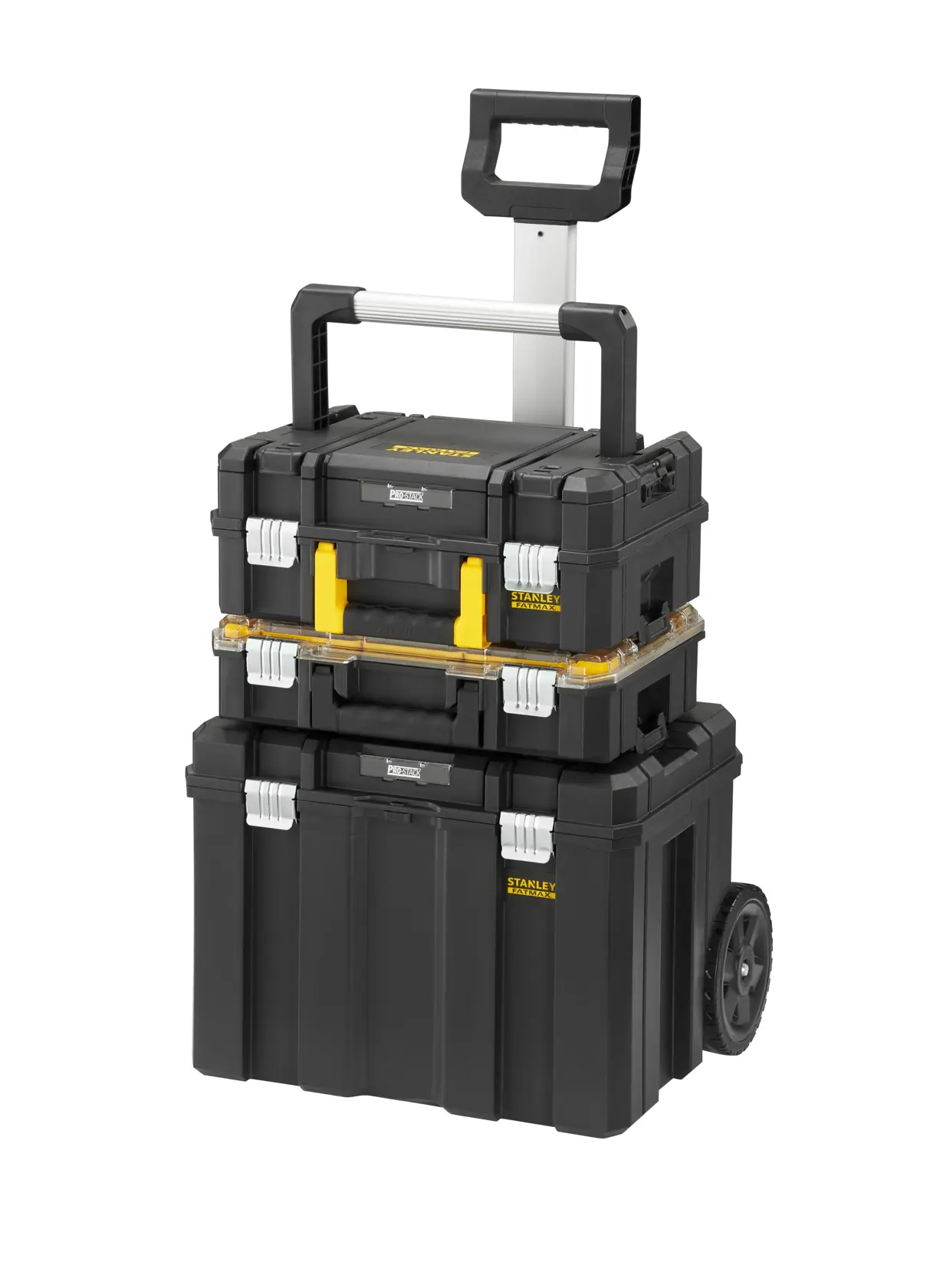 STANLEY FMST1-80103 cassetta degli attrezzi nera impilabile con ruote e maniglie, vista frontale, sfondo bianco.