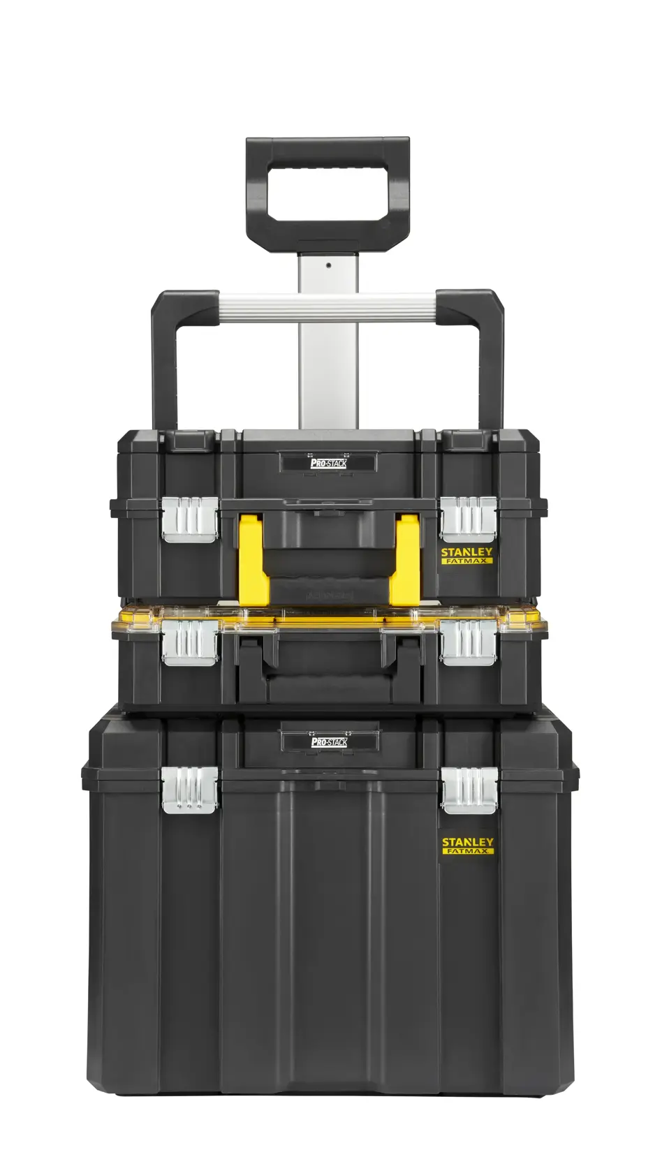 STANLEY FMST1-80103 set di cassette per attrezzi nere impilabili con manico trolley, vista frontale.