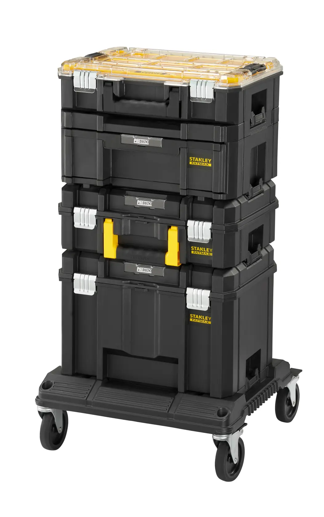 STANLEY FMST1-80107 set modulare nero di cassette portautensili su ruote, foto frontale su sfondo bianco.