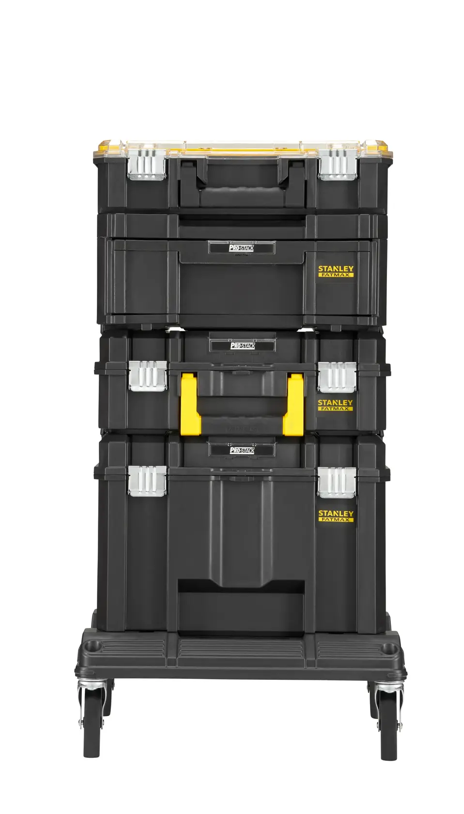 STANLEY FMST1-80107 fotografia di cassette per attrezzi nere impilabili con dettagli gialli, vista frontale su bianco.