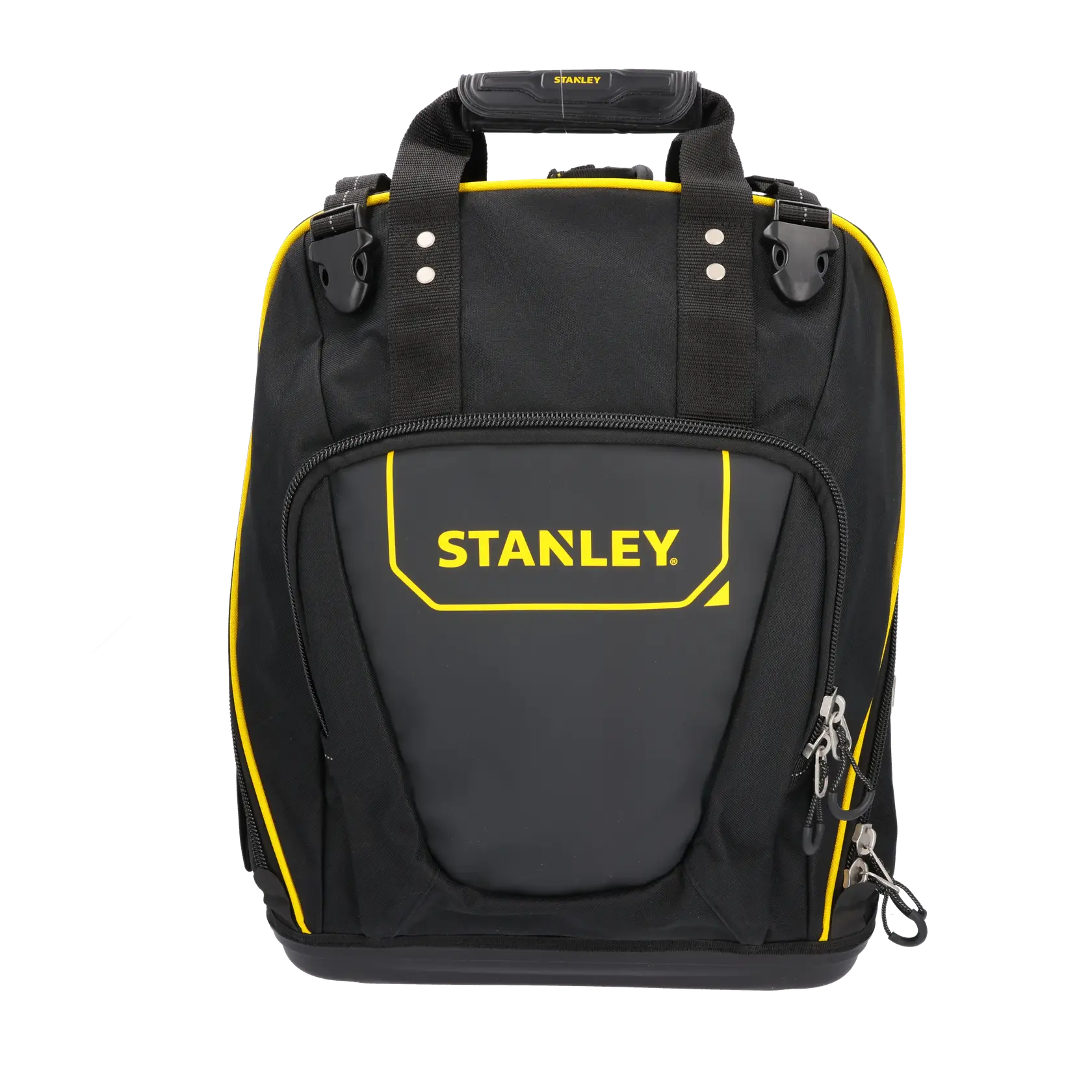 Foto dello zaino porta attrezzi STANLEY FMST1-80144, nero con dettagli gialli, pannello frontale rigido, vista frontale su sfondo bianco.