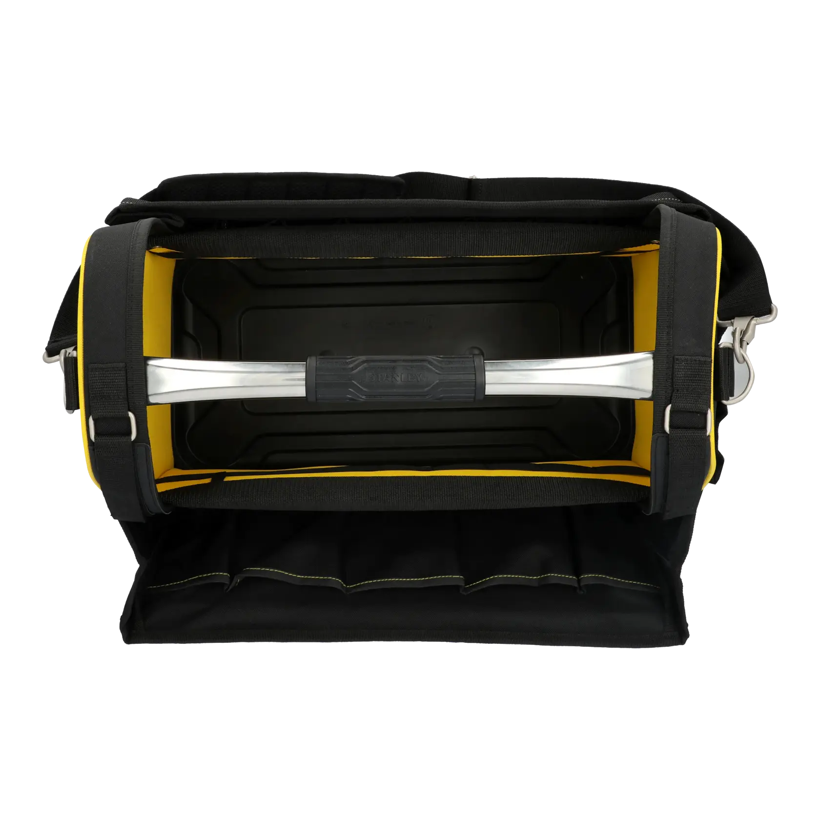 STANLEY FMST1-80146 borsa portautensili aperta nera e gialla con manico in metallo, tasca frontale con zip, cinghie laterali e base rigida, vista angolare.