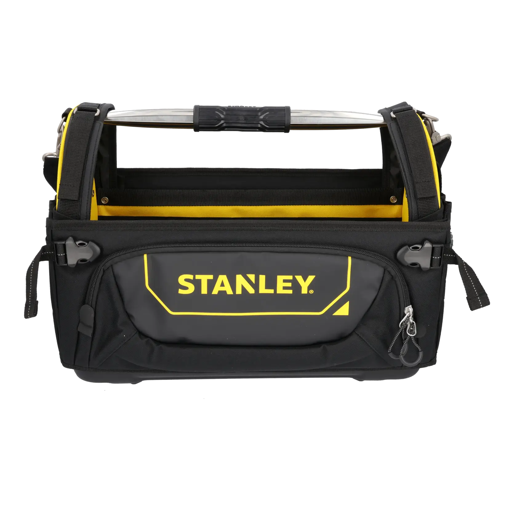 Borsa per utensili STANLEY FMST1-80146 con utensili assortiti, vista frontale, design nero e giallo.