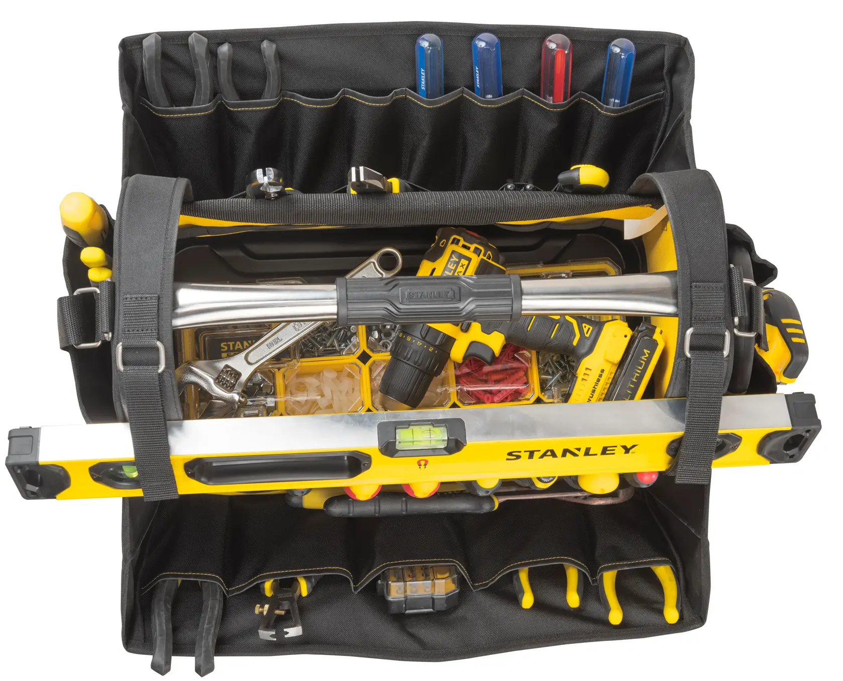 Borsa porta attrezzi aperta STANLEY FMST1-80146 con utensili manuali, set di cacciaviti, livello e trapano, vista dall’alto.
