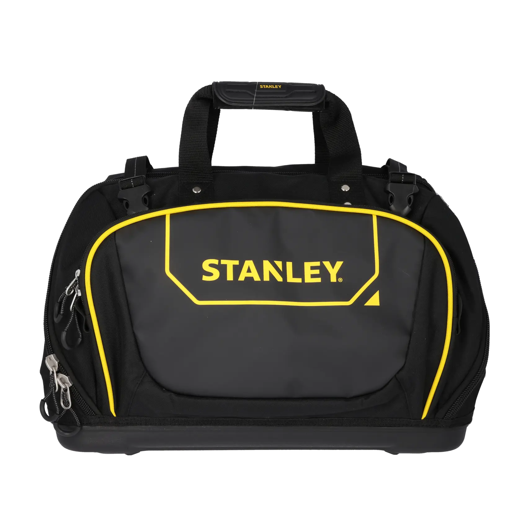 Borsa porta attrezzi STANLEY FMST1-80147 nera con dettagli gialli, angolo laterale, pannello frontale rigido.