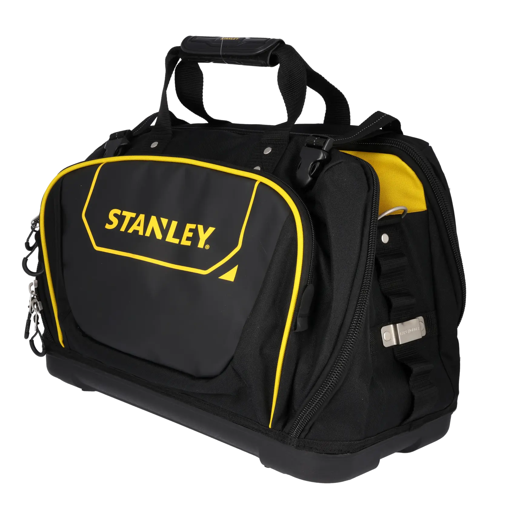 Borsa porta utensili STANLEY FMST1-80147 aperta con diversi attrezzi, tessuto nero, foto frontale