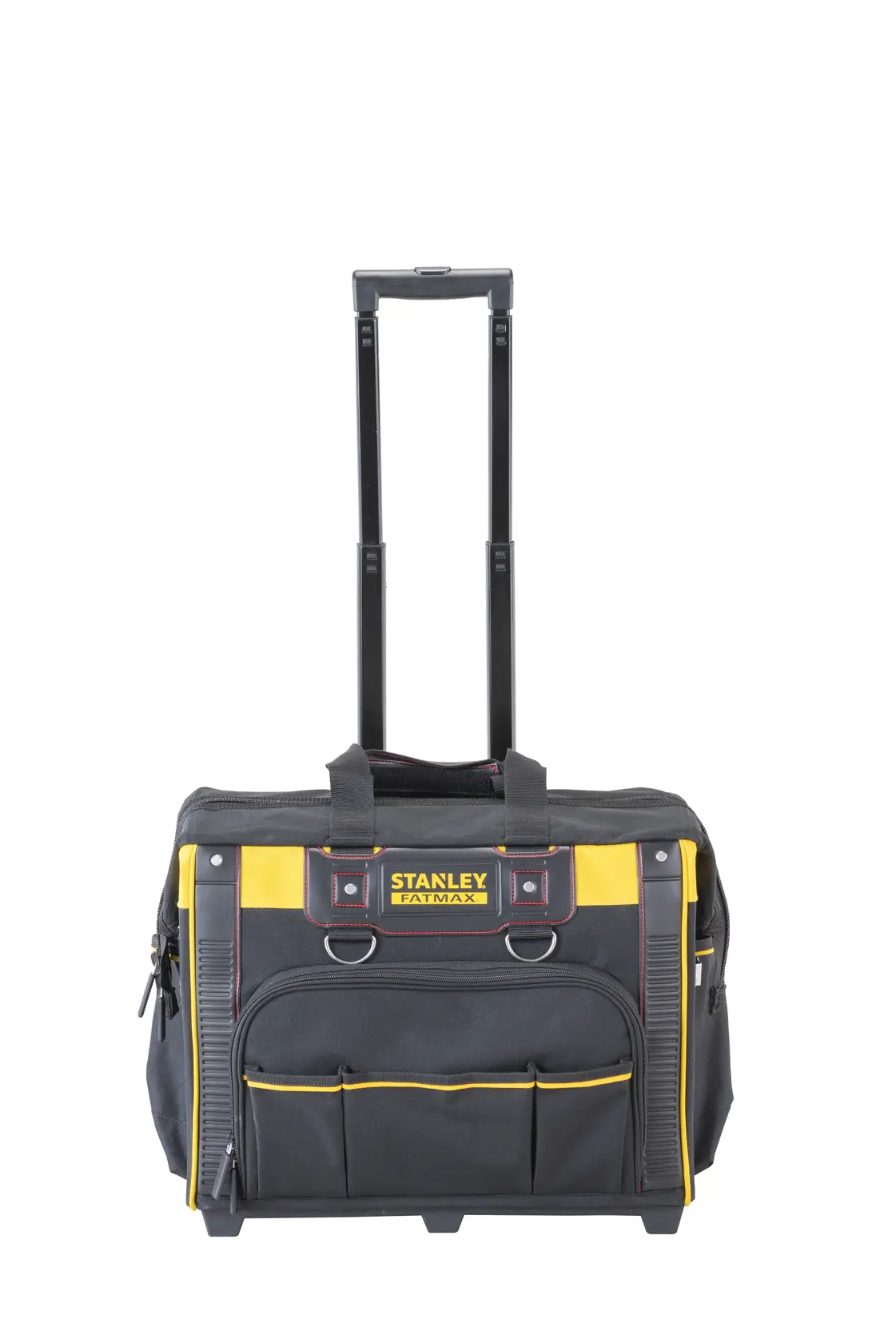 Borsa porta attrezzi STANLEY FMST1-80148 con ruote e manico telescopico, nera e gialla, vista frontale su sfondo bianco.