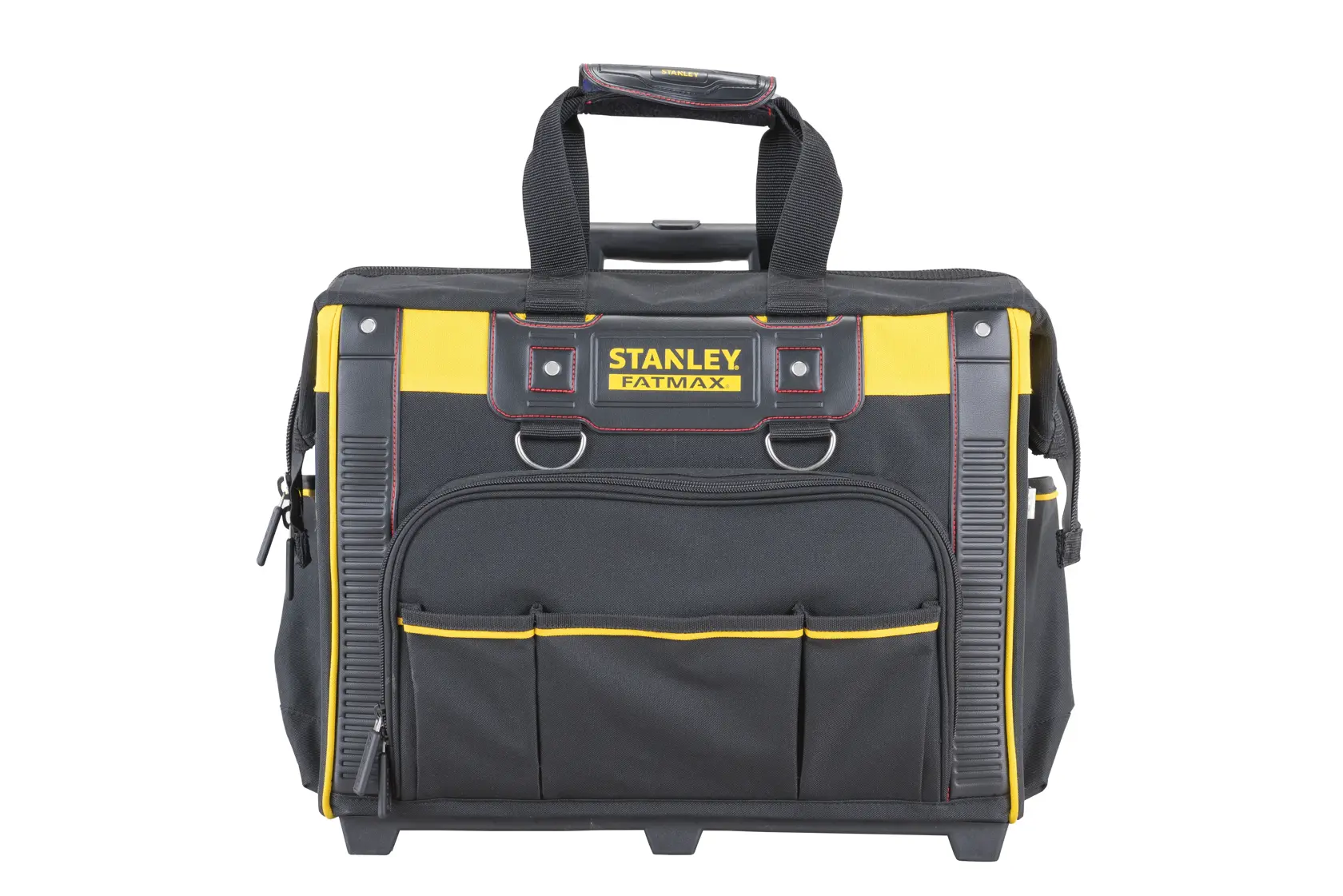 Borsa porta attrezzi STANLEY FMST1-80148, vista frontale, nera e gialla con più tasche e manici robusti.