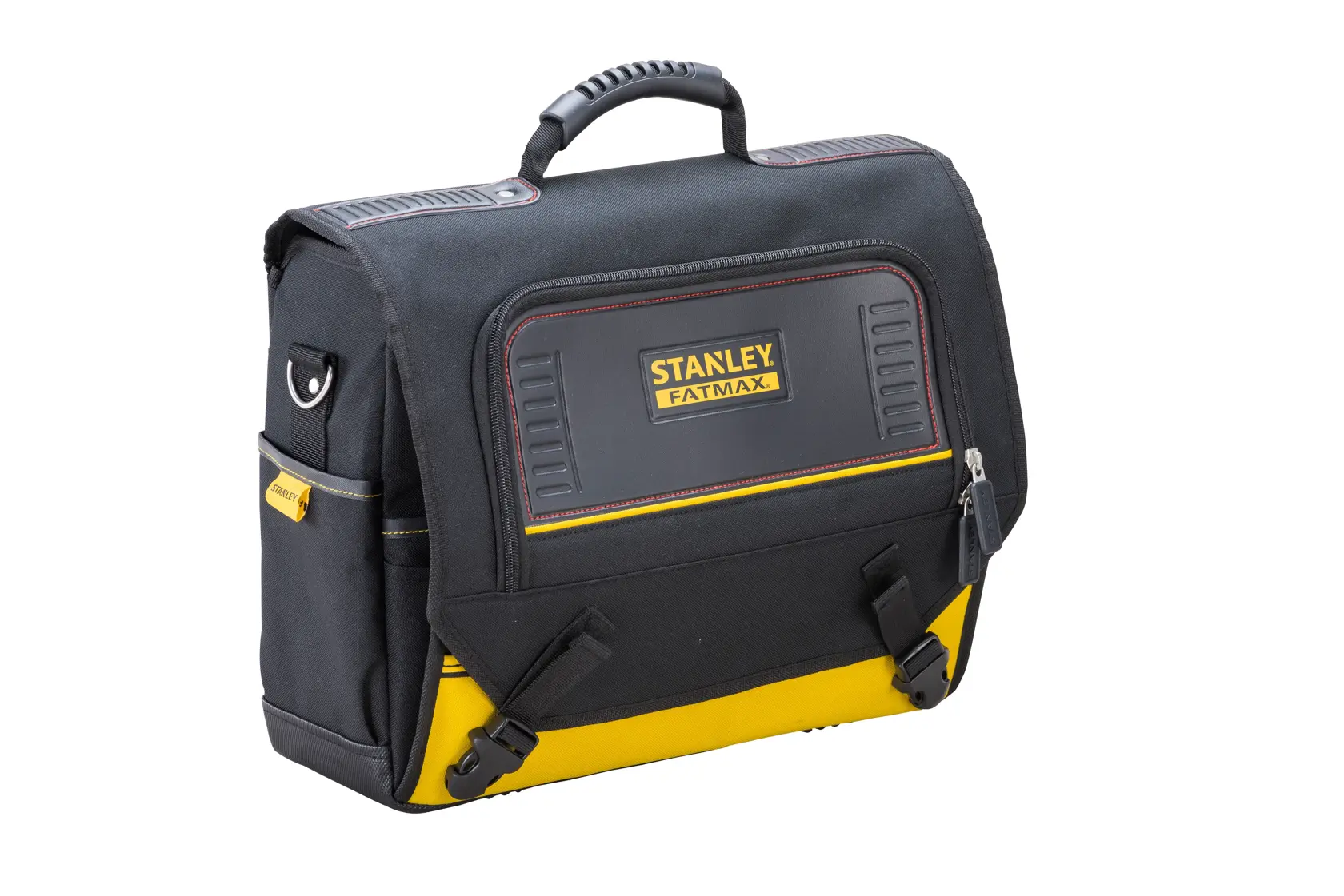 Foto della borsa portautensili STANLEY FMST1-80149, nera e gialla, vista laterale, con manico e patta frontale.