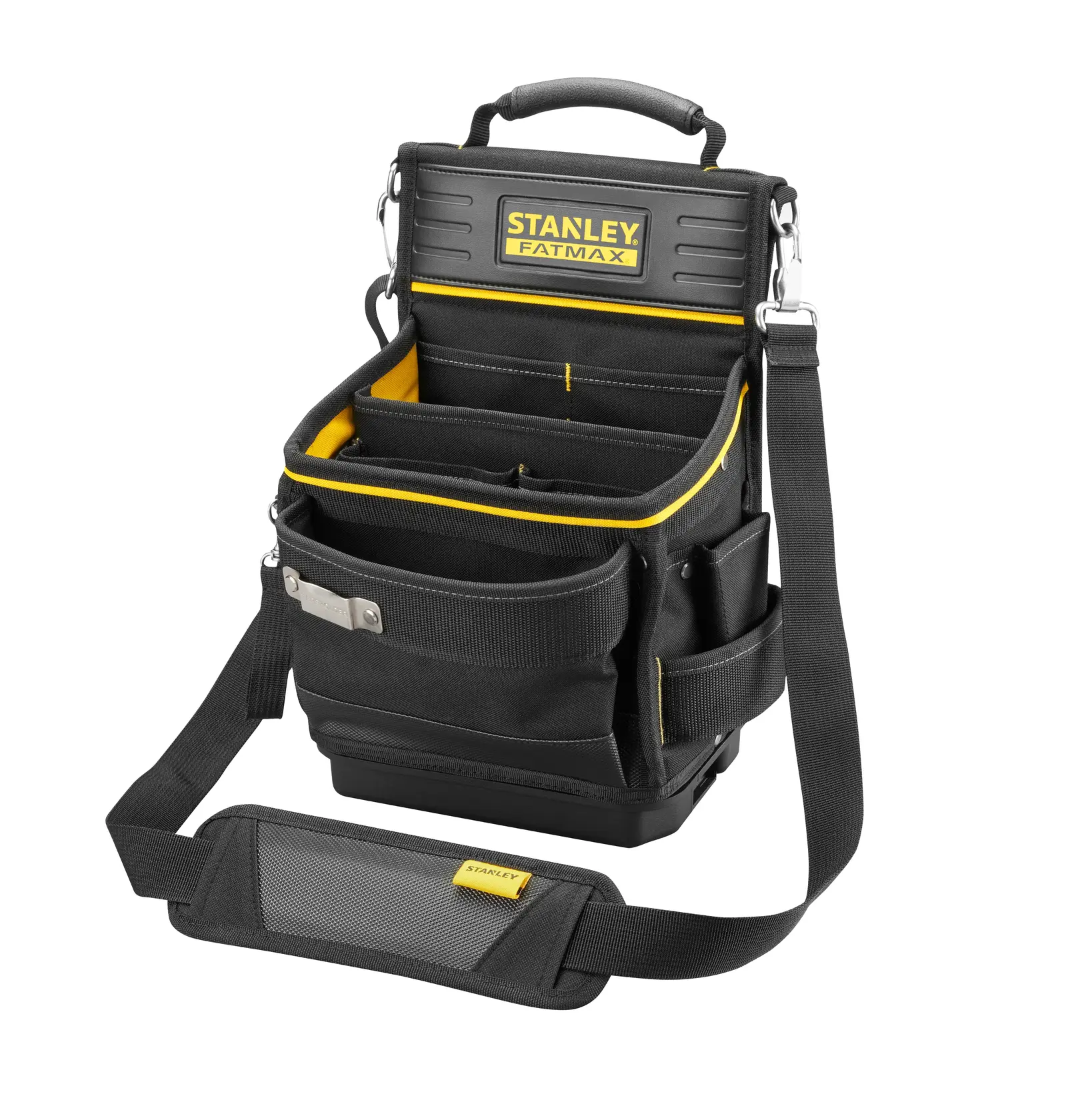 Borsa portautensili STANLEY FMST17624-1, tessuto nero con bordo giallo, tasche aperte, tracolla, vista frontale su bianco.