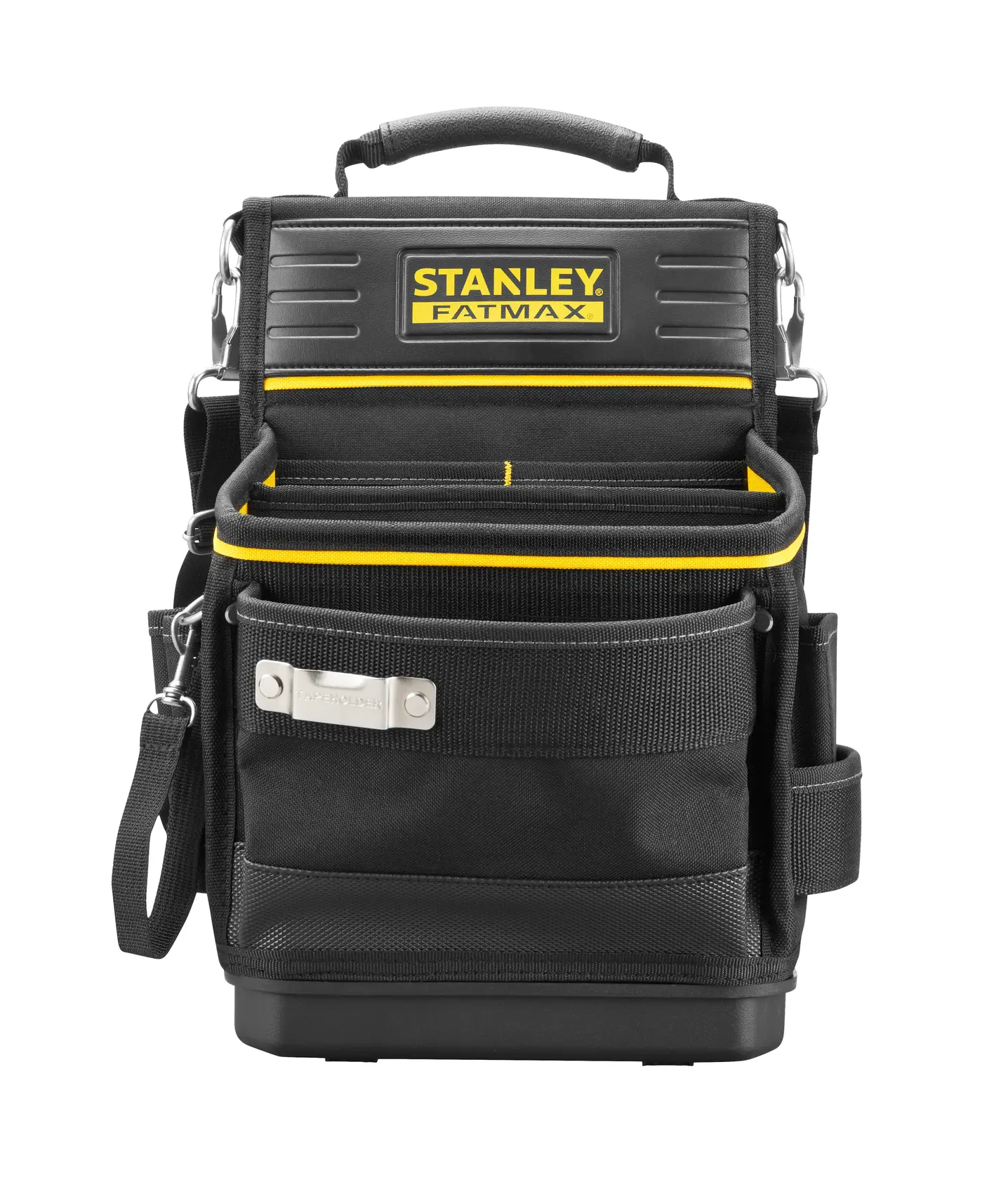 STANLEY FMST17624-1 borsa porta attrezzi, nylon nero con dettagli gialli, vista frontale, tasche multiple.