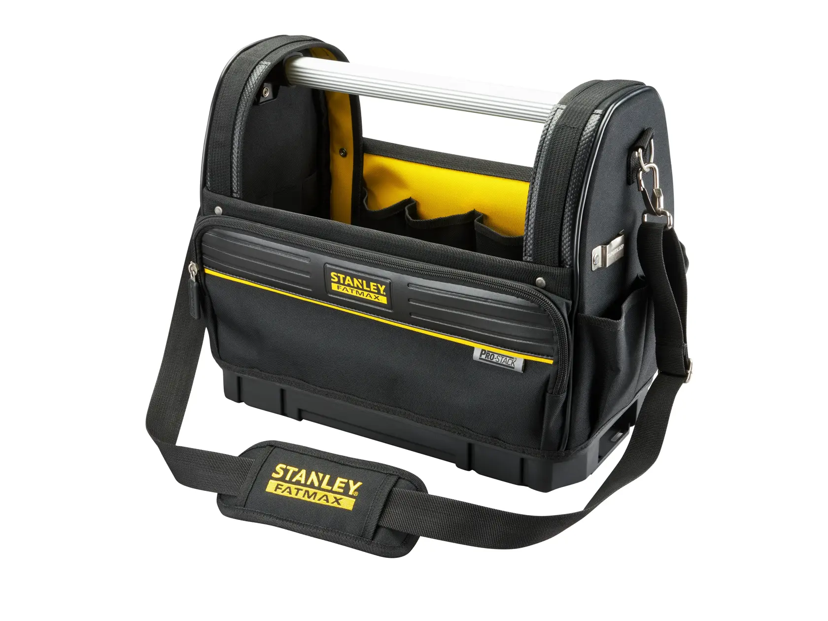 STANLEY FMST17626-1 borsa portautensili aperta nera e gialla con tracolla, manico in metallo e tasche frontali, vista frontale.