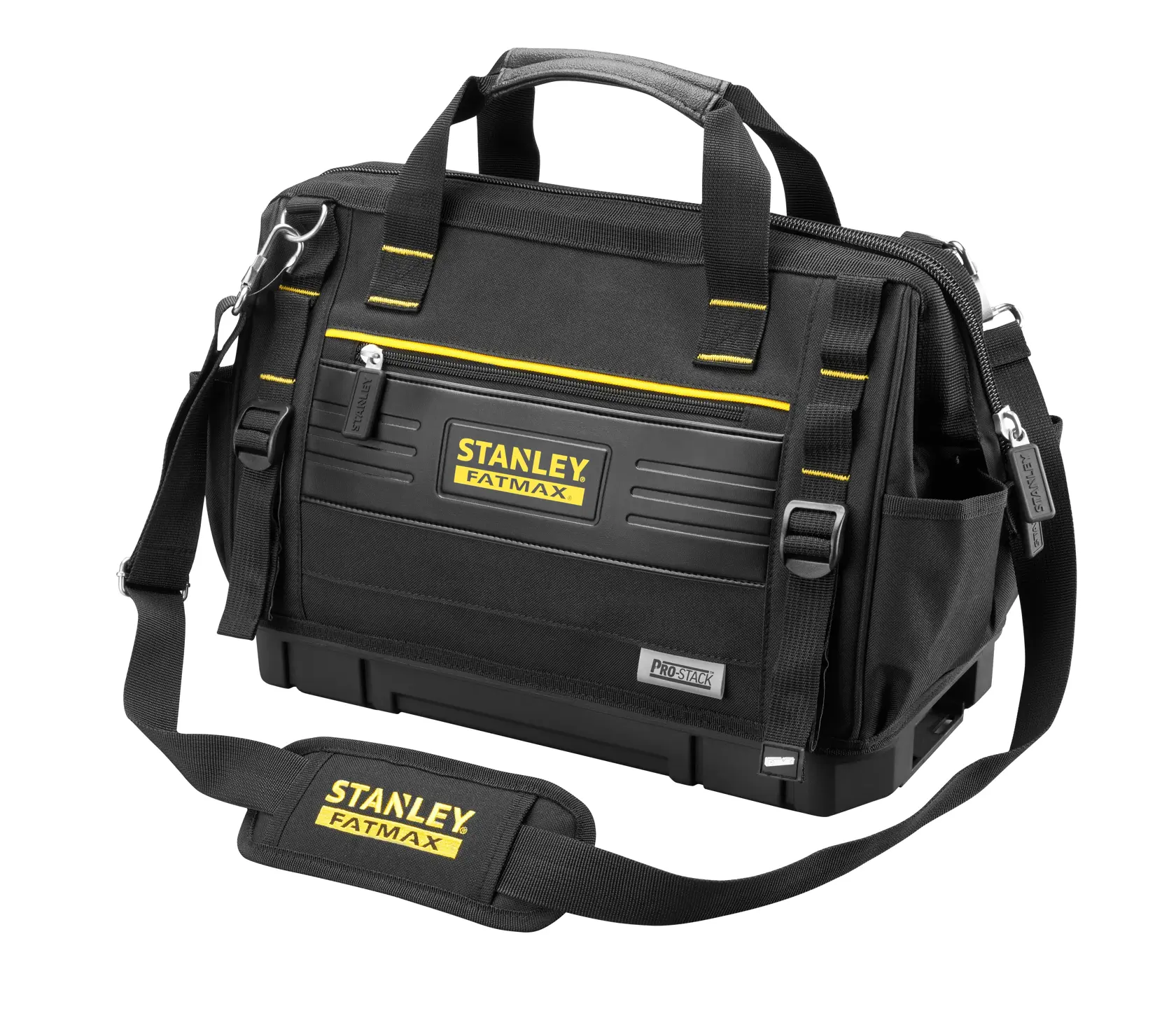 Borsa porta attrezzi Stanley FMST17627-1 nera, vista frontale, con tracolla e dettagli gialli.