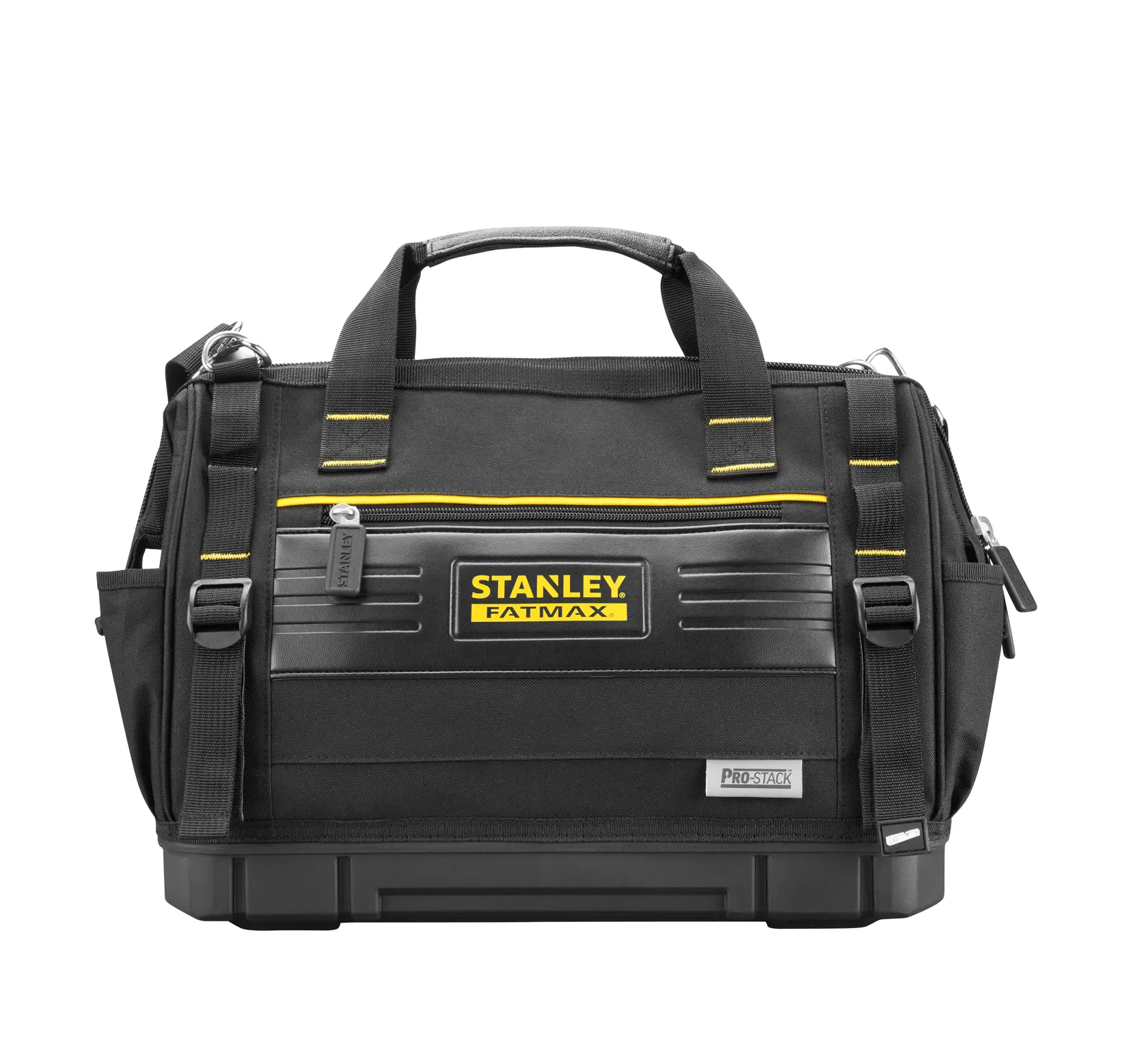 STANLEY FMST17627-1 borsa porta attrezzi, nera con dettagli gialli, vista frontale, serie Pro-Stack, manici resistenti.