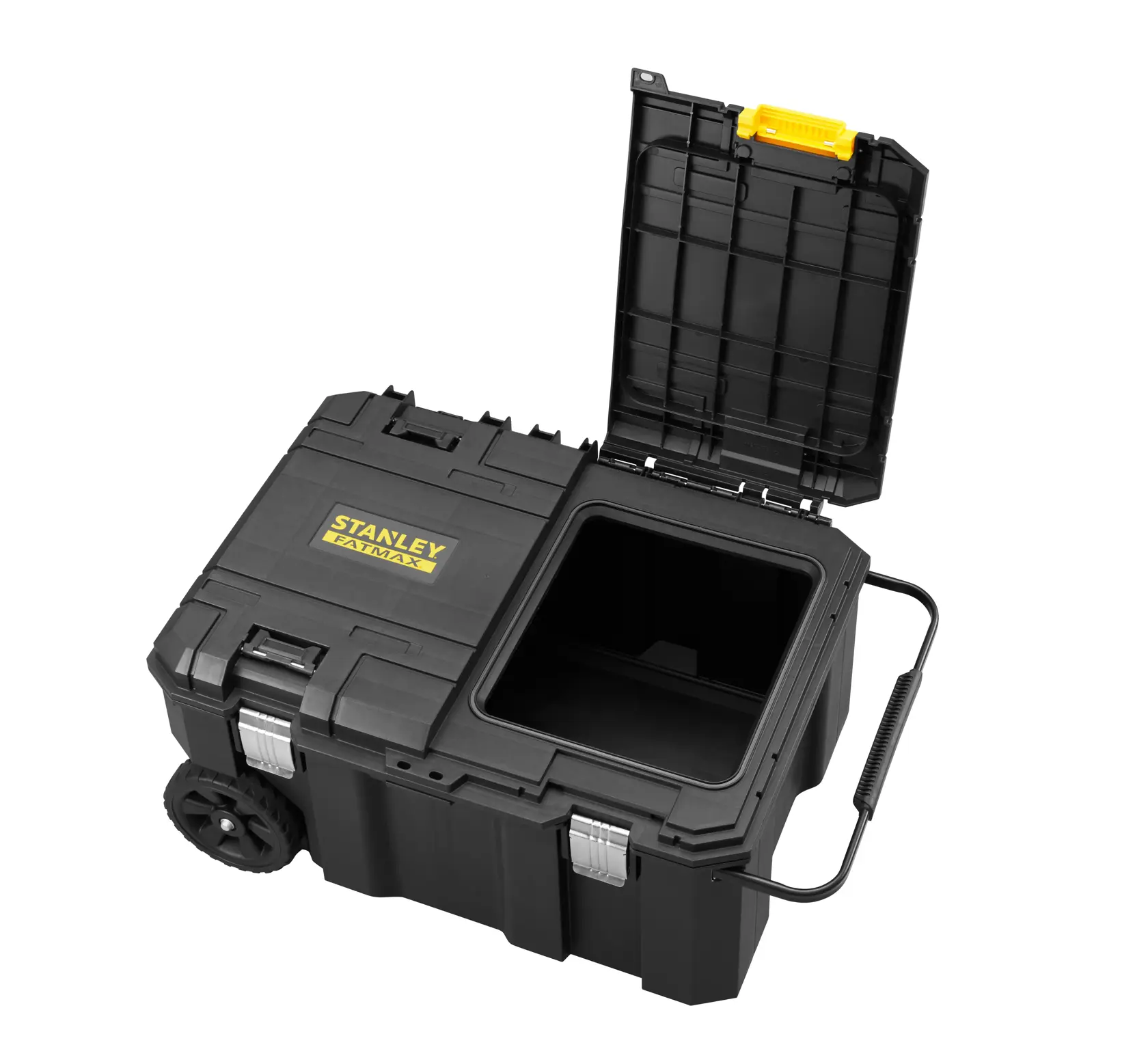 STANLEY FMST17870-1 cassetta degli attrezzi con ruote e coperchio aperto, plastica nera, manico giallo, vista angolata.