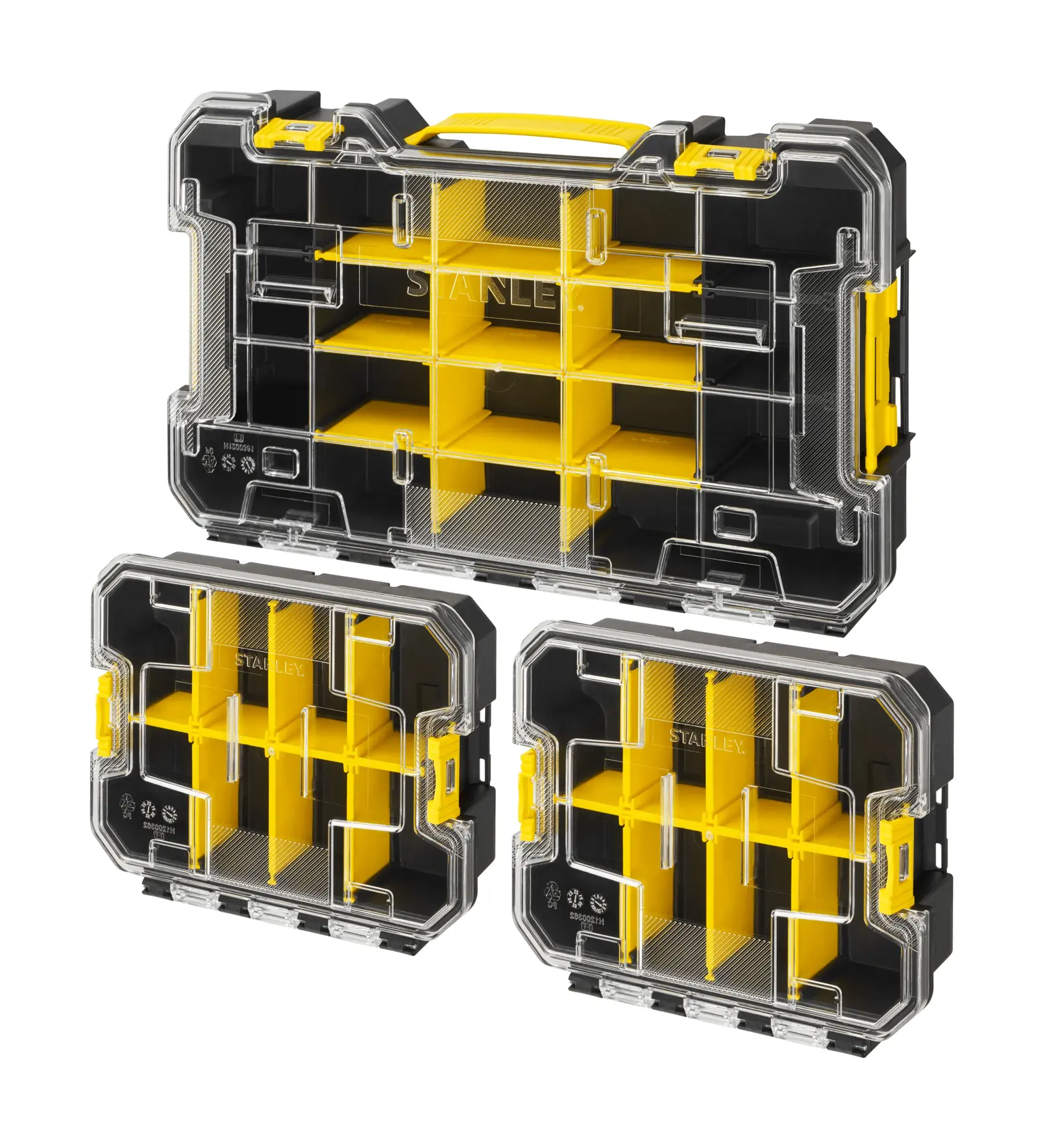 STANLEY FMST61150-1 set di tre organizer con coperchio trasparente e divisori gialli, vista da studio.