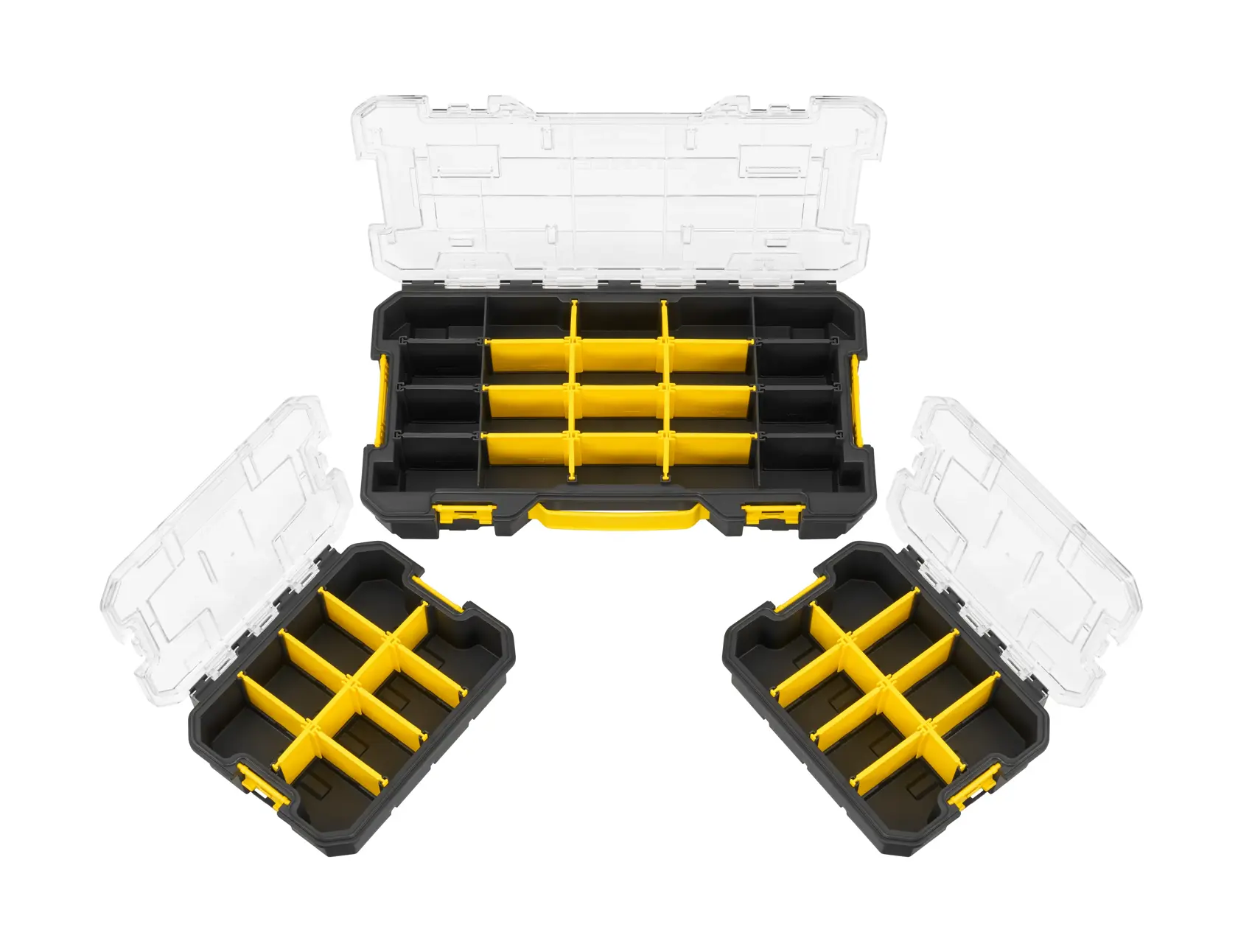 STANLEY FMST61150-1 set organizer con tre contenitori neri e gialli, coperchi aperti, foto dall’alto.