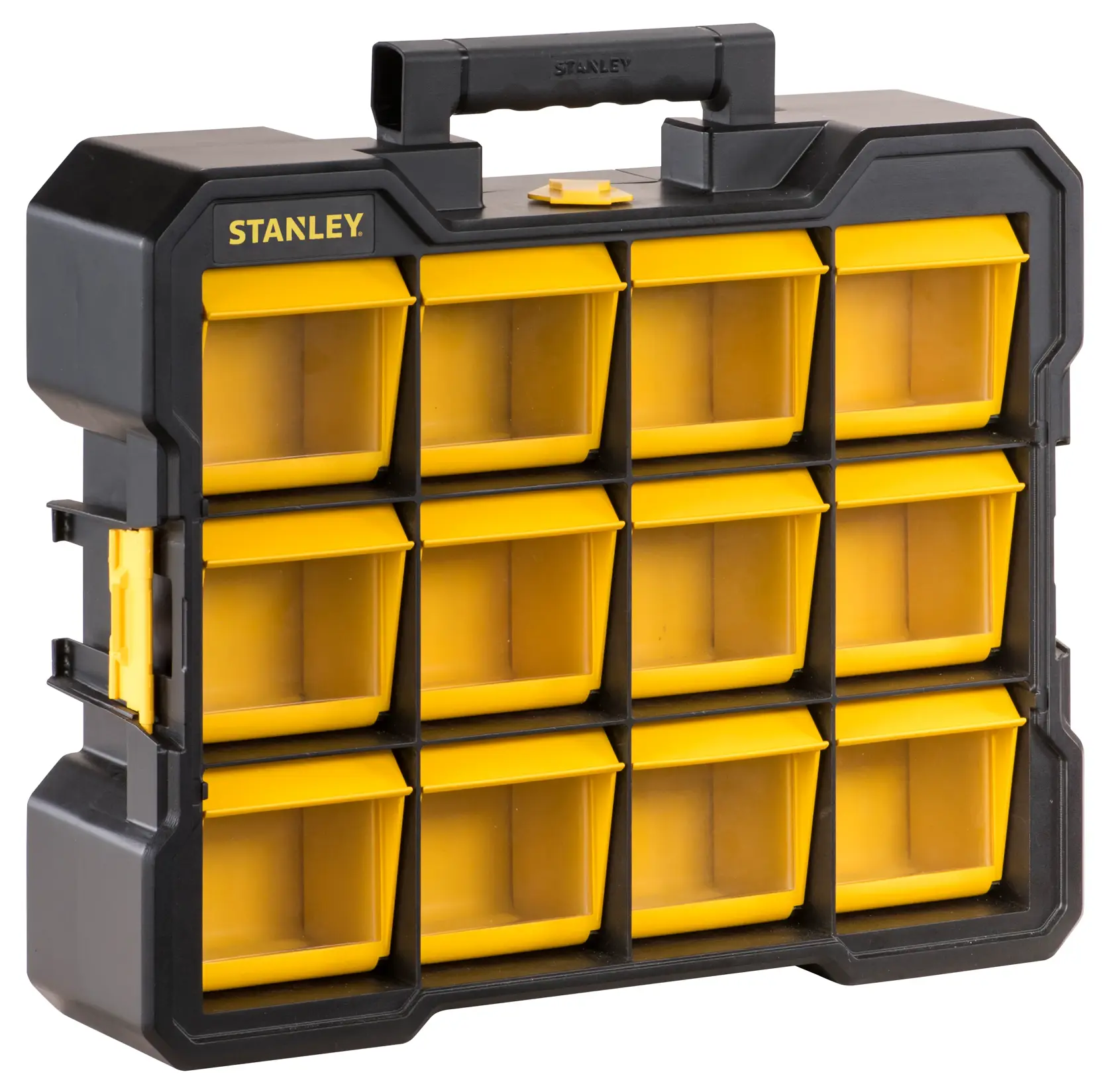 STANLEY FMST81077-1 organizer con dodici contenitori gialli rimovibili, custodia nera, angolo frontale.