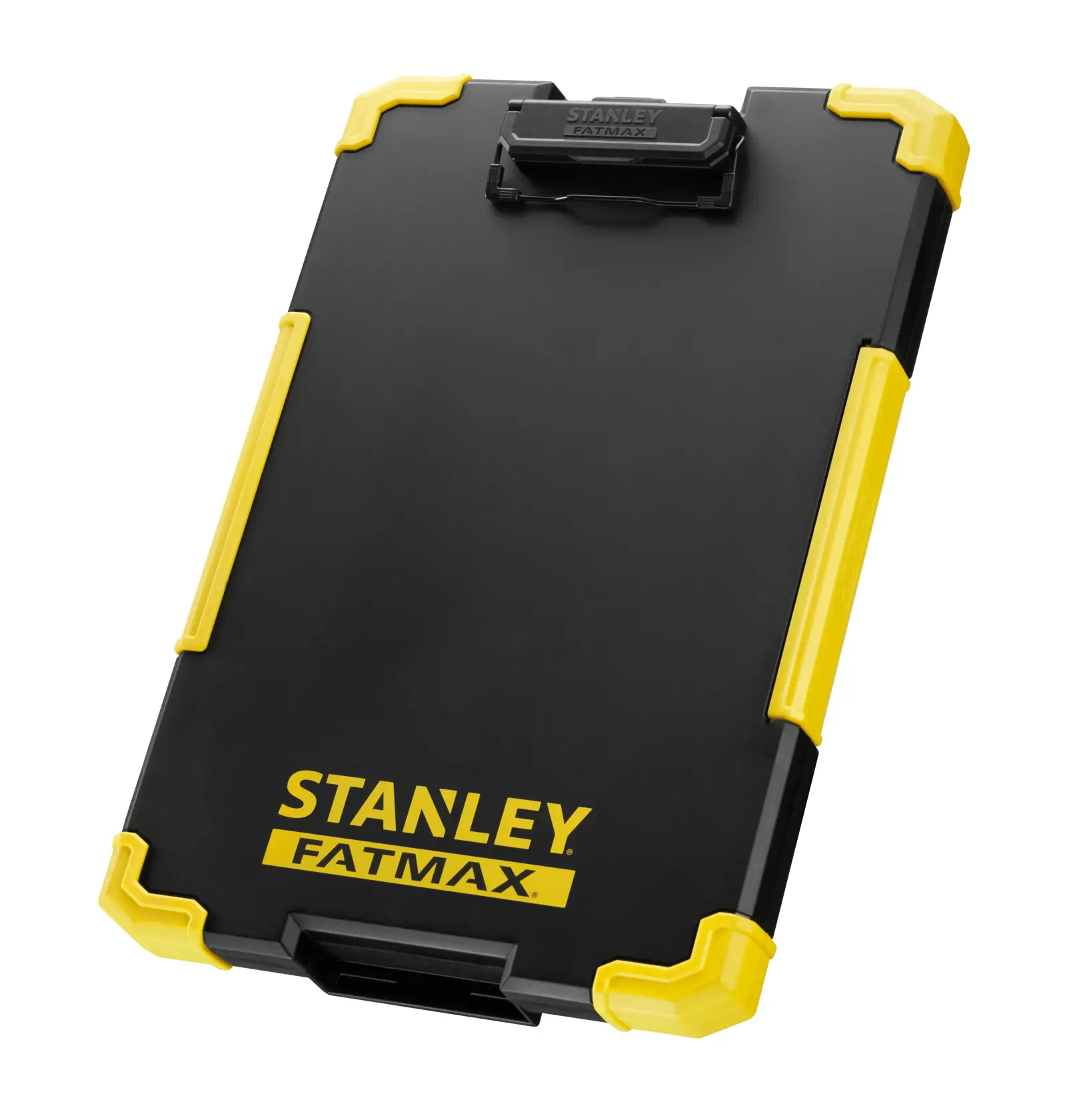 STANLEY FMST82721-1 clipboard nero e giallo inclinato su sfondo bianco, angoli rinforzati, logo FATMAX.