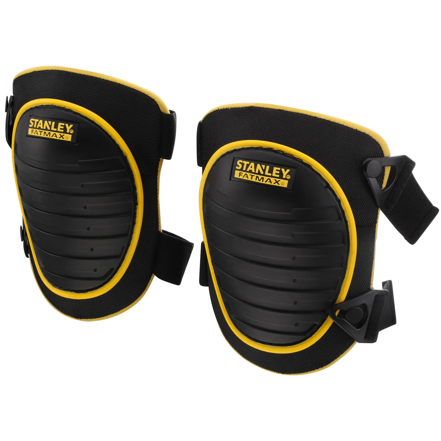 STANLEY FMST82961-1 ginocchiere, nero e giallo, guscio rigido, vista frontale, dispositivo di sicurezza.