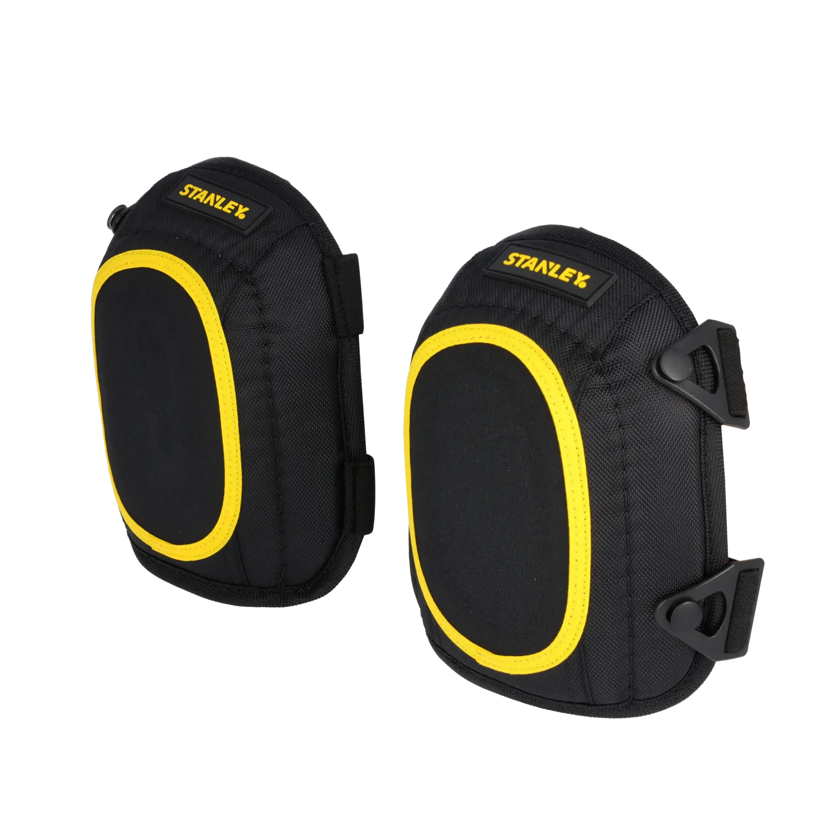 Ginocchiere nere STANLEY FMST82962-1 con bordo giallo, vista frontale, categoria attrezzatura protettiva.